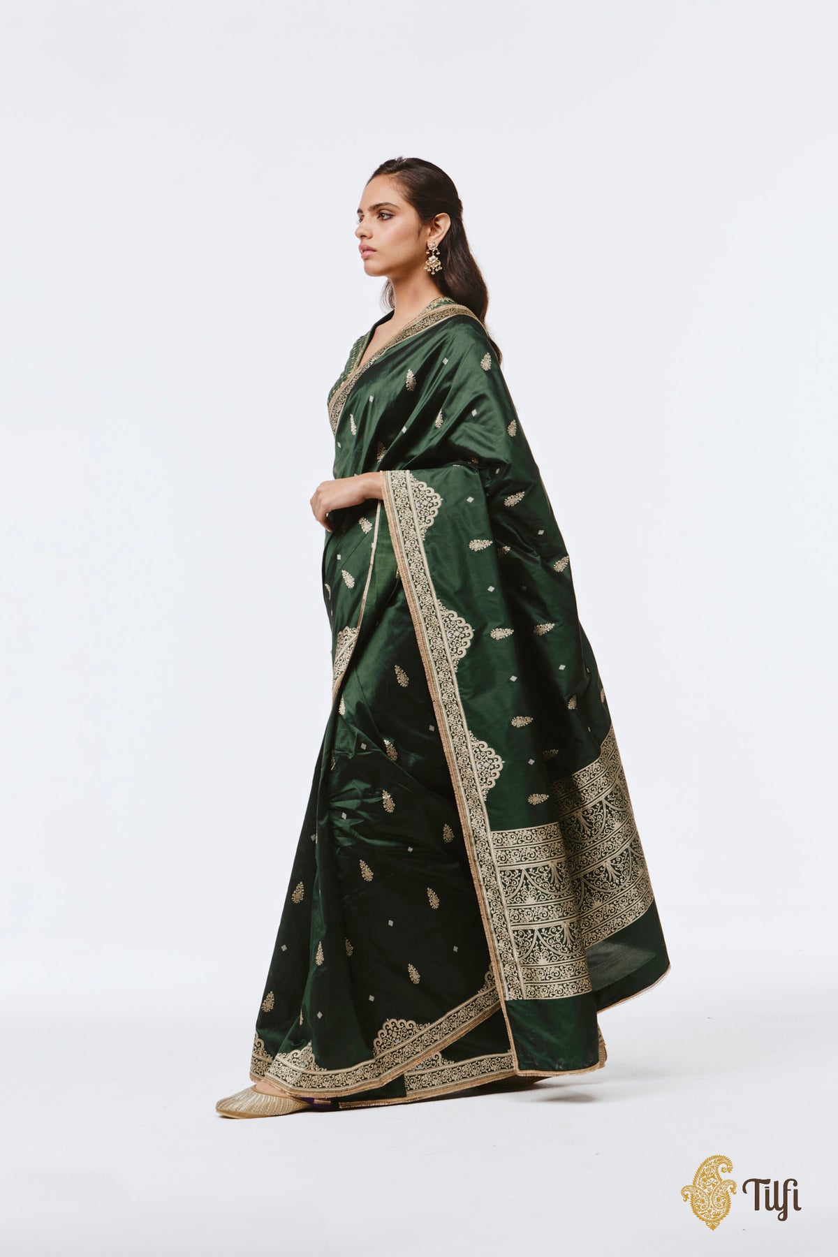 Pre-Order: 'Chitralekha' Bottle Green Pure Katan Silk Banarasi Handloom Saree