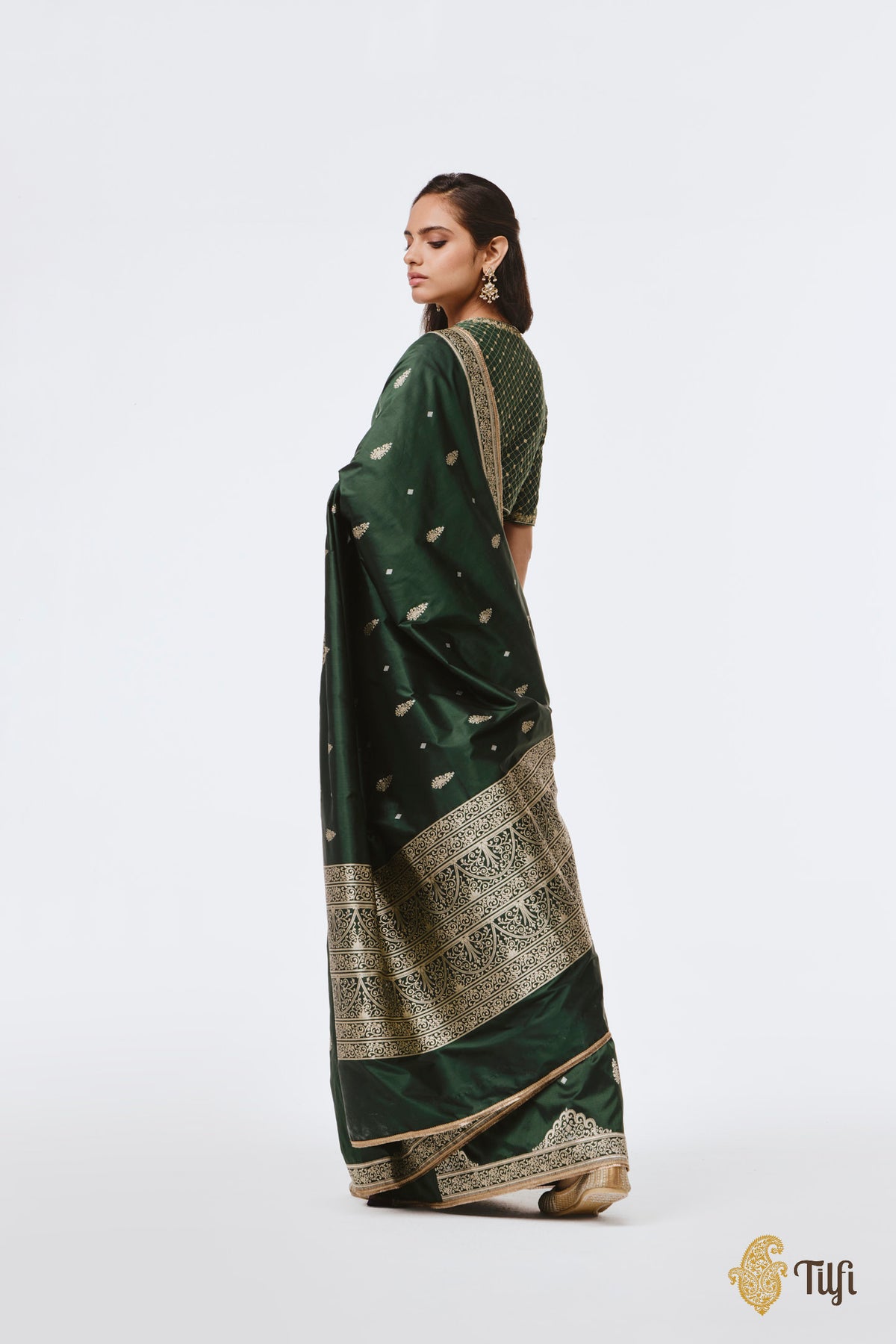 Pre-Order: 'Chitralekha' Bottle Green Pure Katan Silk Banarasi Handloom Saree