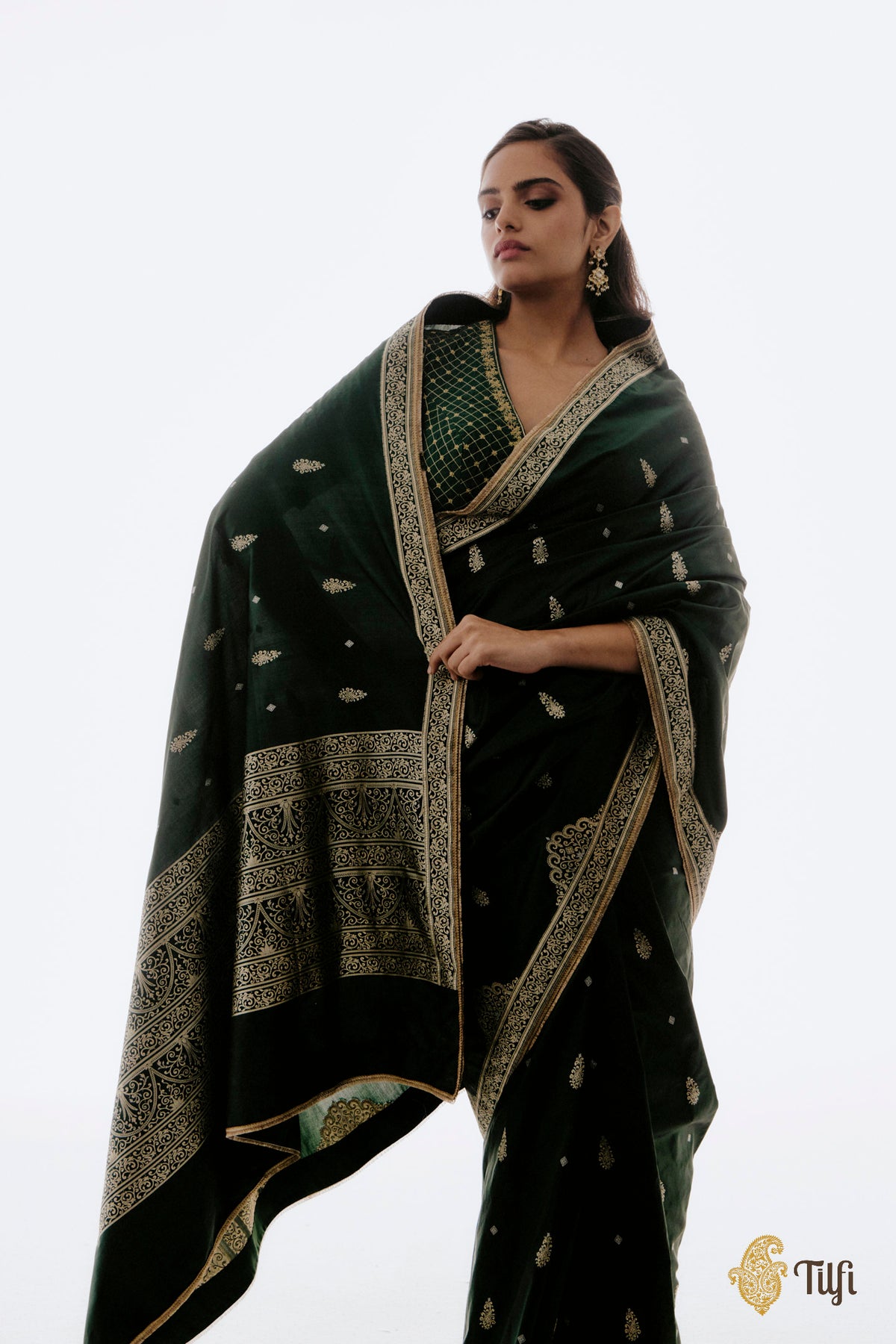 Pre-Order: 'Chitralekha' Bottle Green Pure Katan Silk Banarasi Handloom Saree