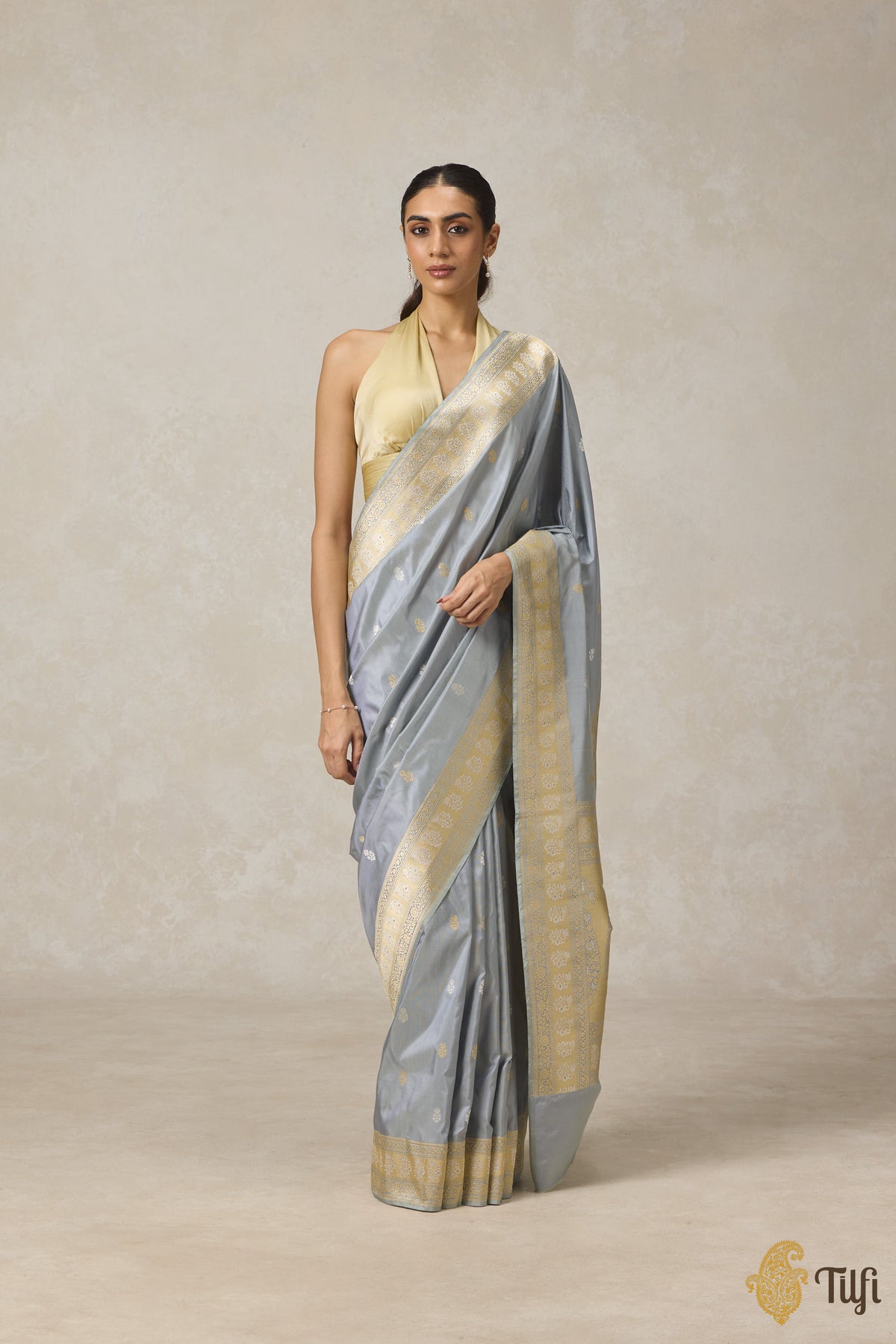 Grey Pure Katan Silk Banarasi Handloom Saree