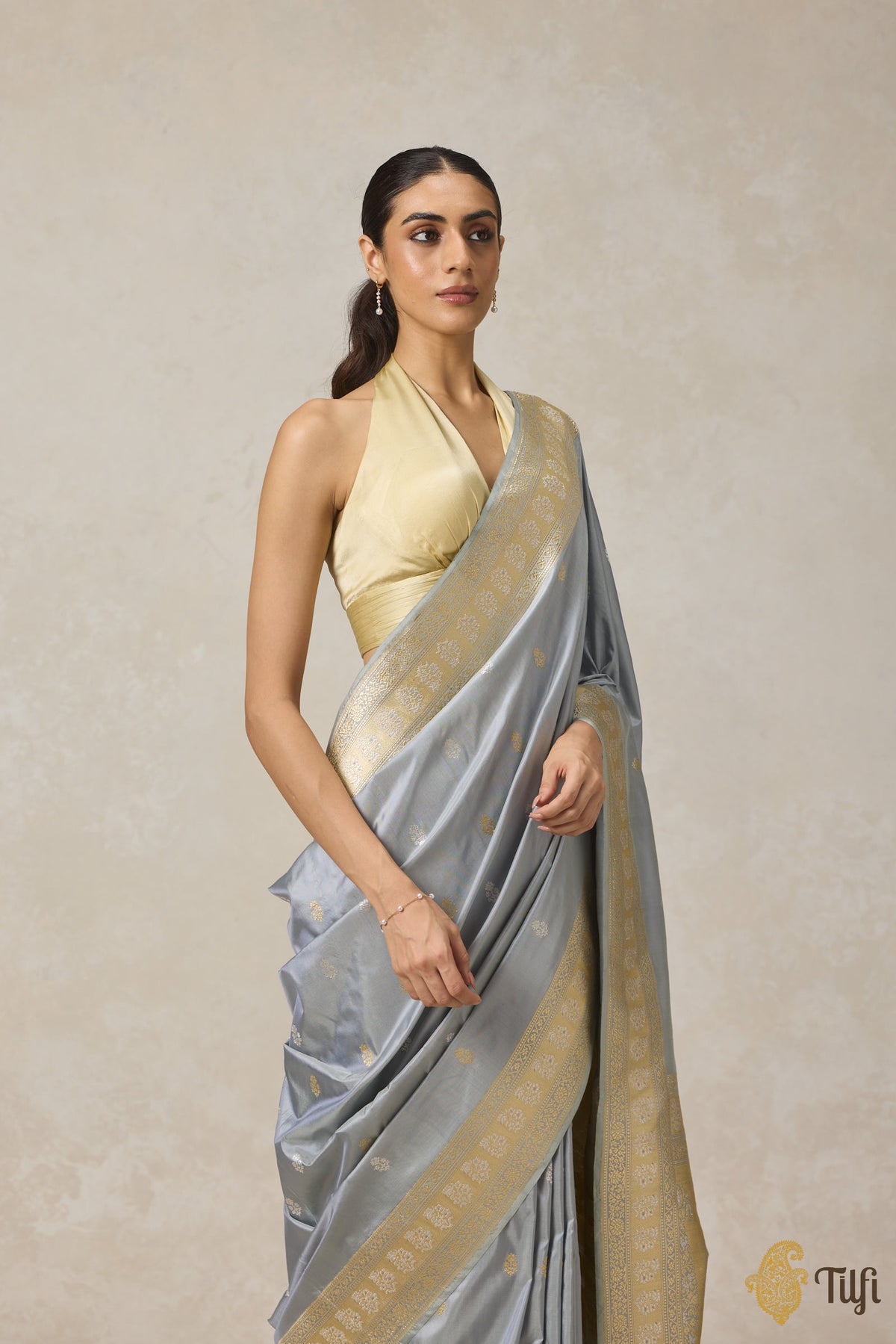 Grey Pure Katan Silk Banarasi Handloom Saree