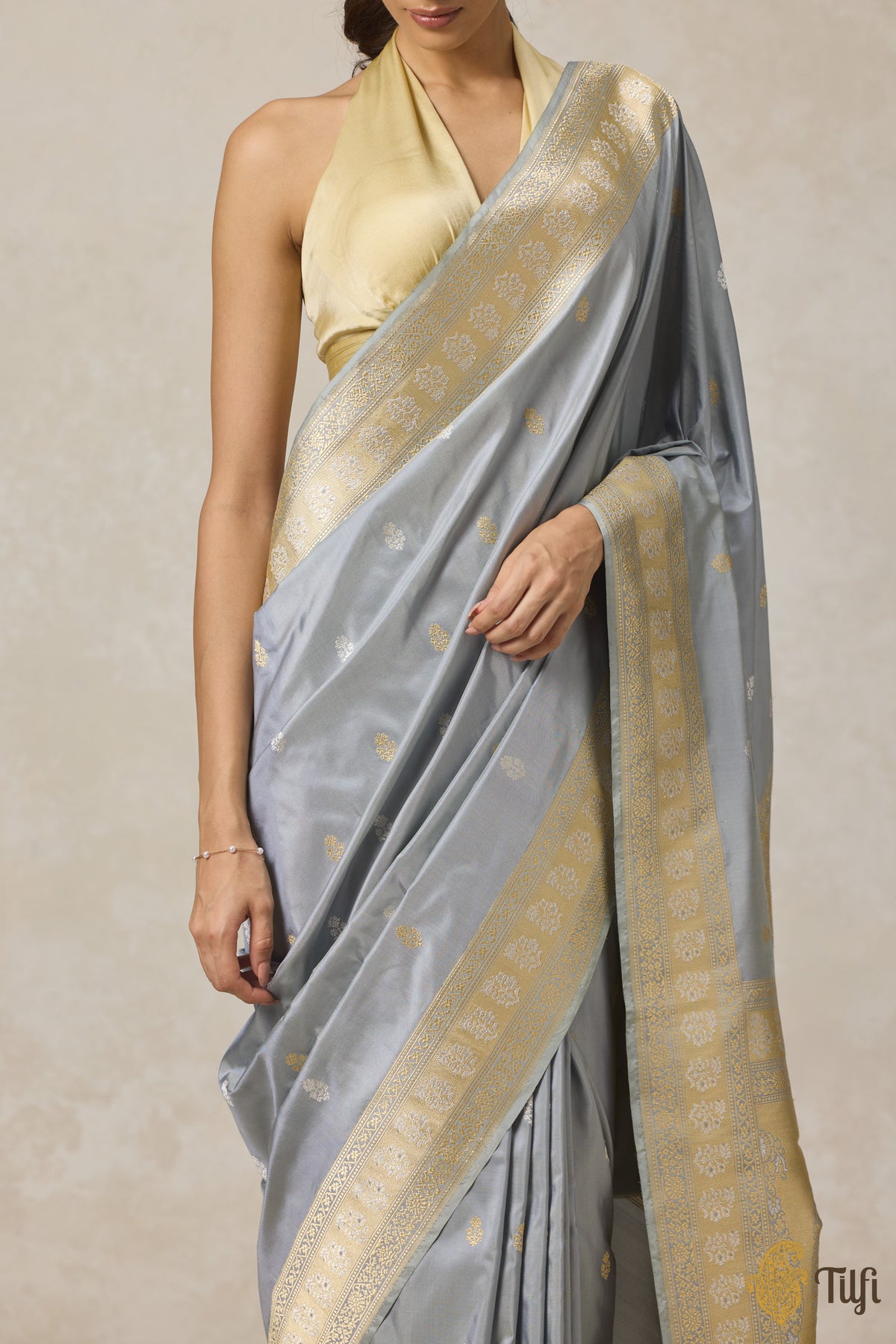 Grey Pure Katan Silk Banarasi Handloom Saree