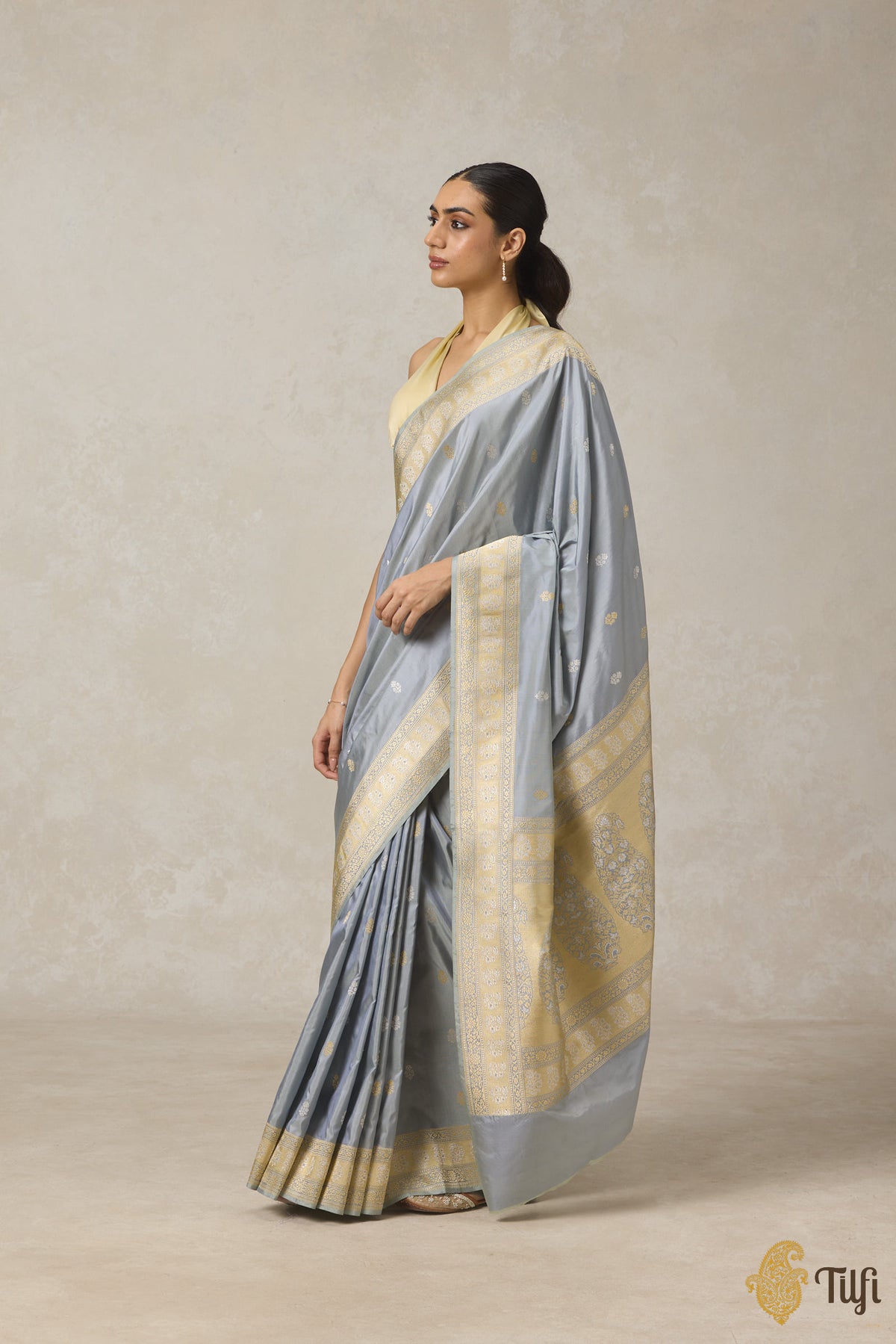 Grey Pure Katan Silk Banarasi Handloom Saree