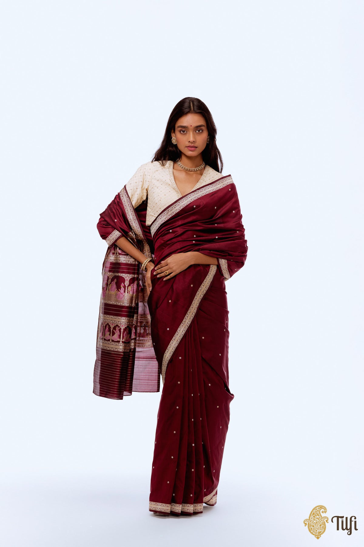 &#39;Charan Alamkara&#39; Maroon Pure Katan Silk Banarasi Handloom Saree