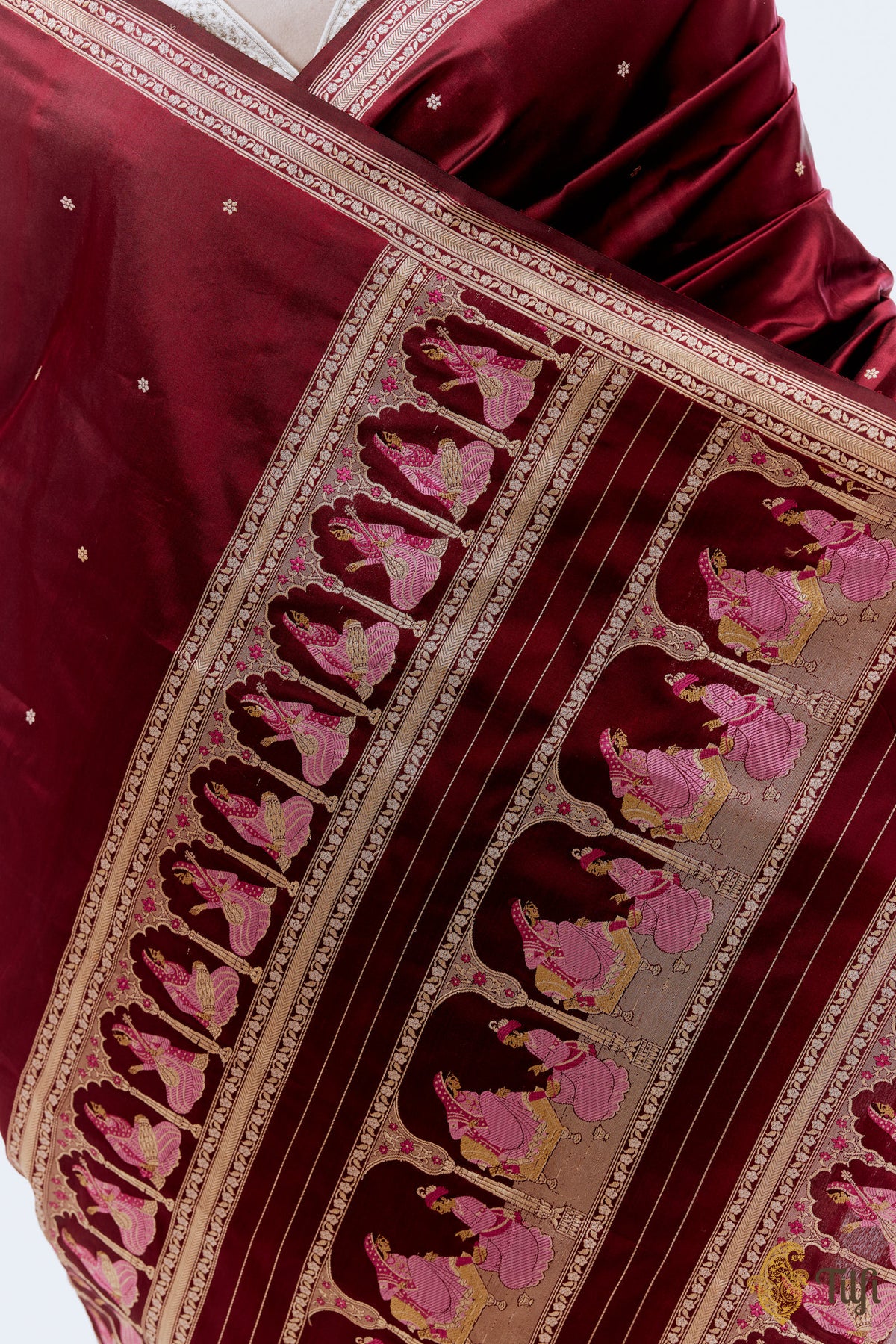 &#39;Charan Alamkara&#39; Maroon Pure Katan Silk Banarasi Handloom Saree