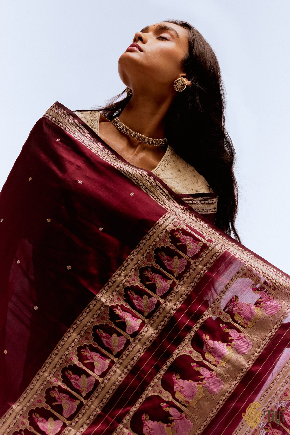 &#39;Charan Alamkara&#39; Maroon Pure Katan Silk Banarasi Handloom Saree