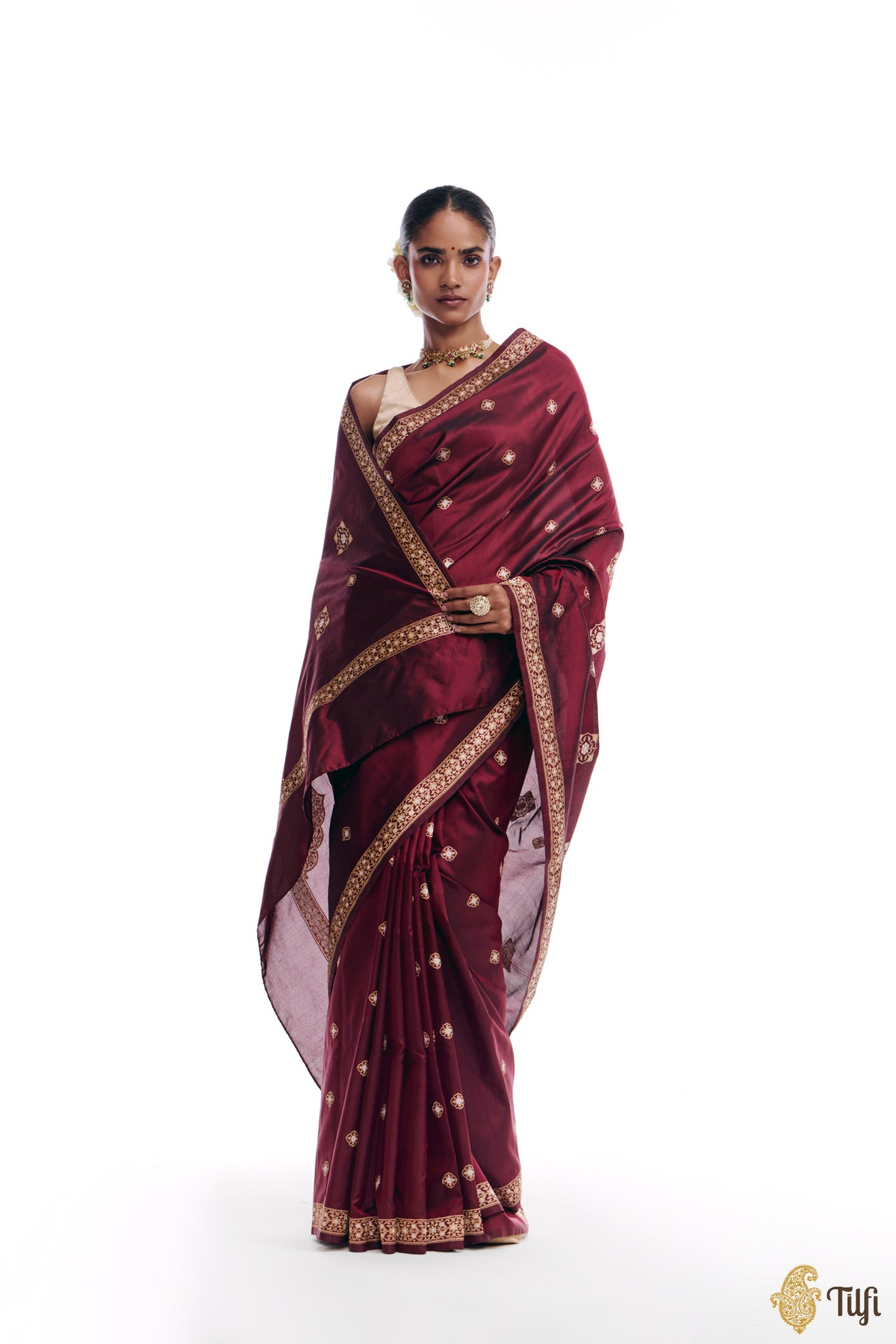 'Alaka' Maroon Pure Katan Silk Banarasi Handloom Saree