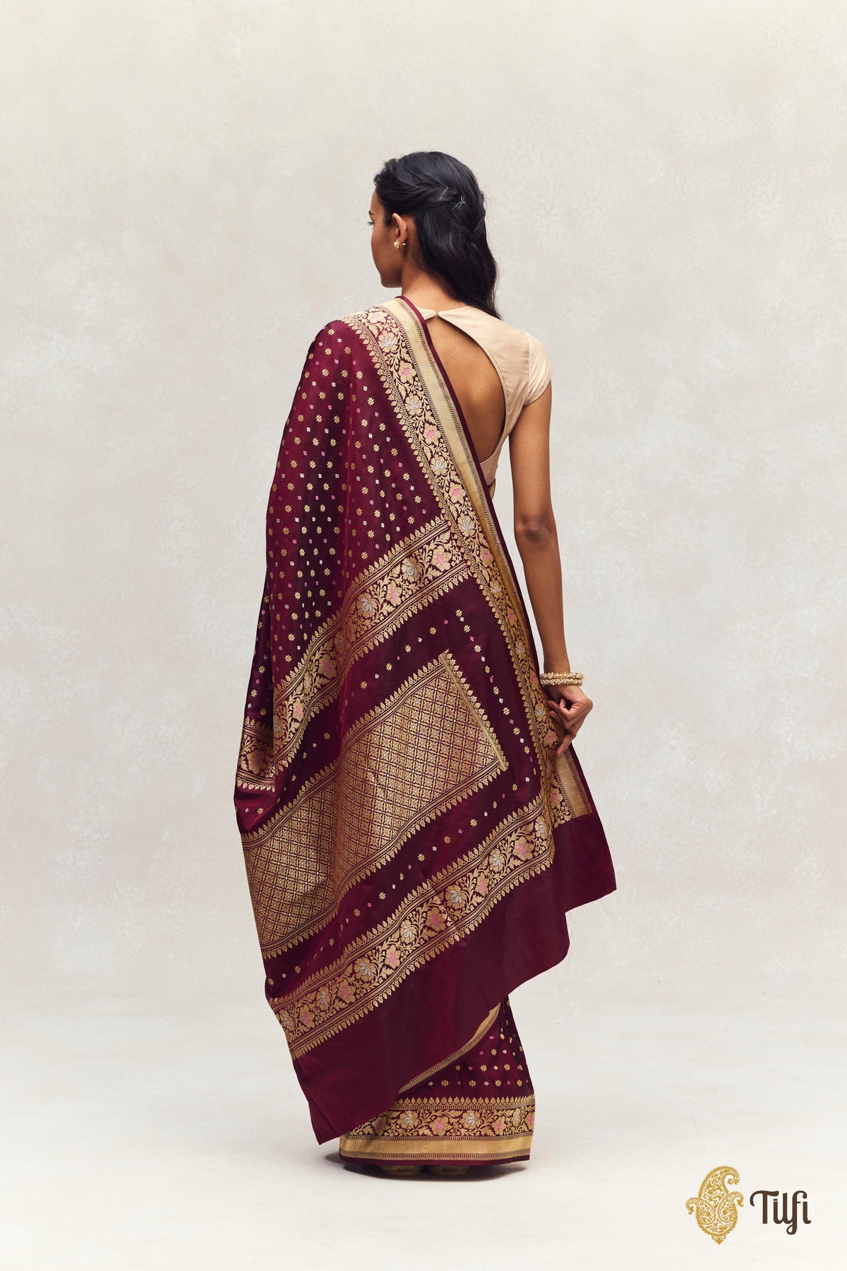 'Scattered Light' Deep Maroon Katan Silk Saree