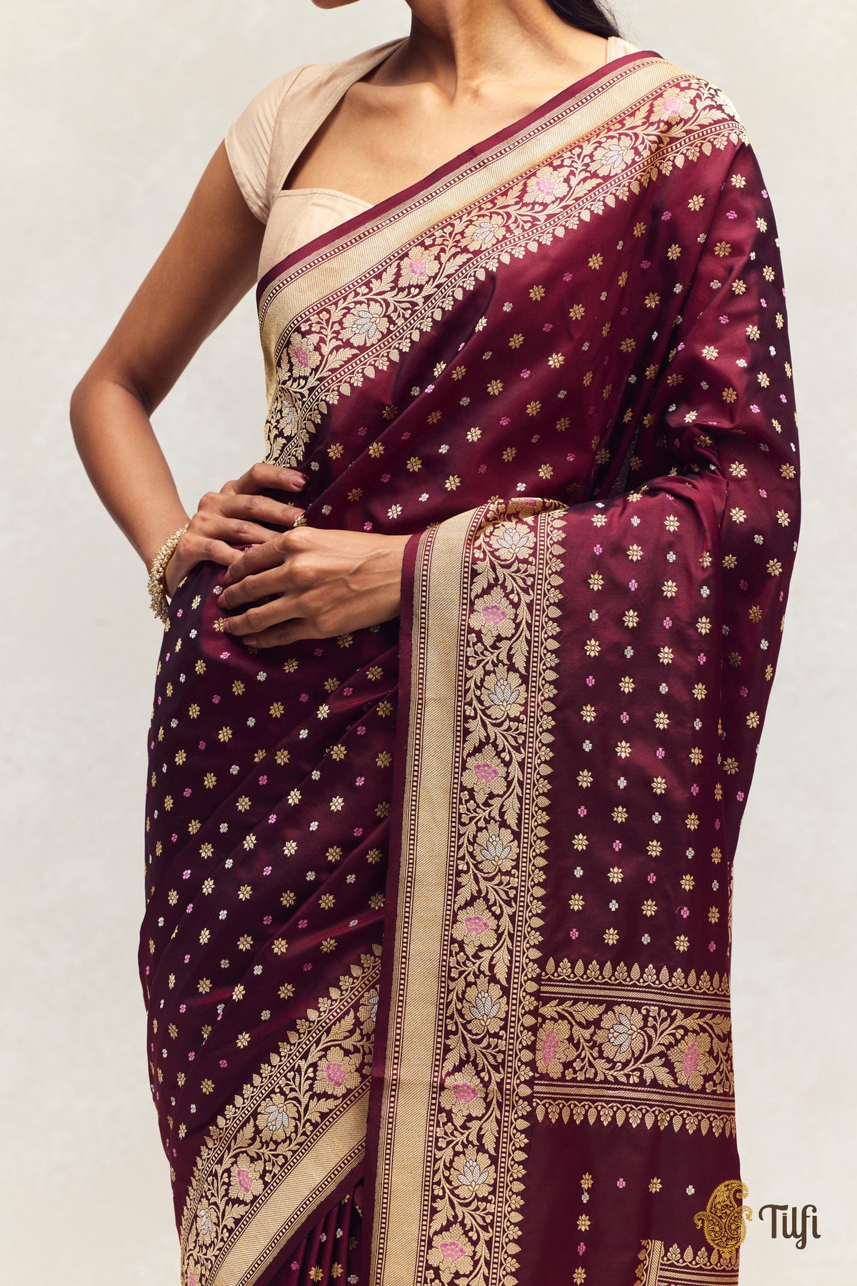'Scattered Light' Deep Maroon Katan Silk Saree