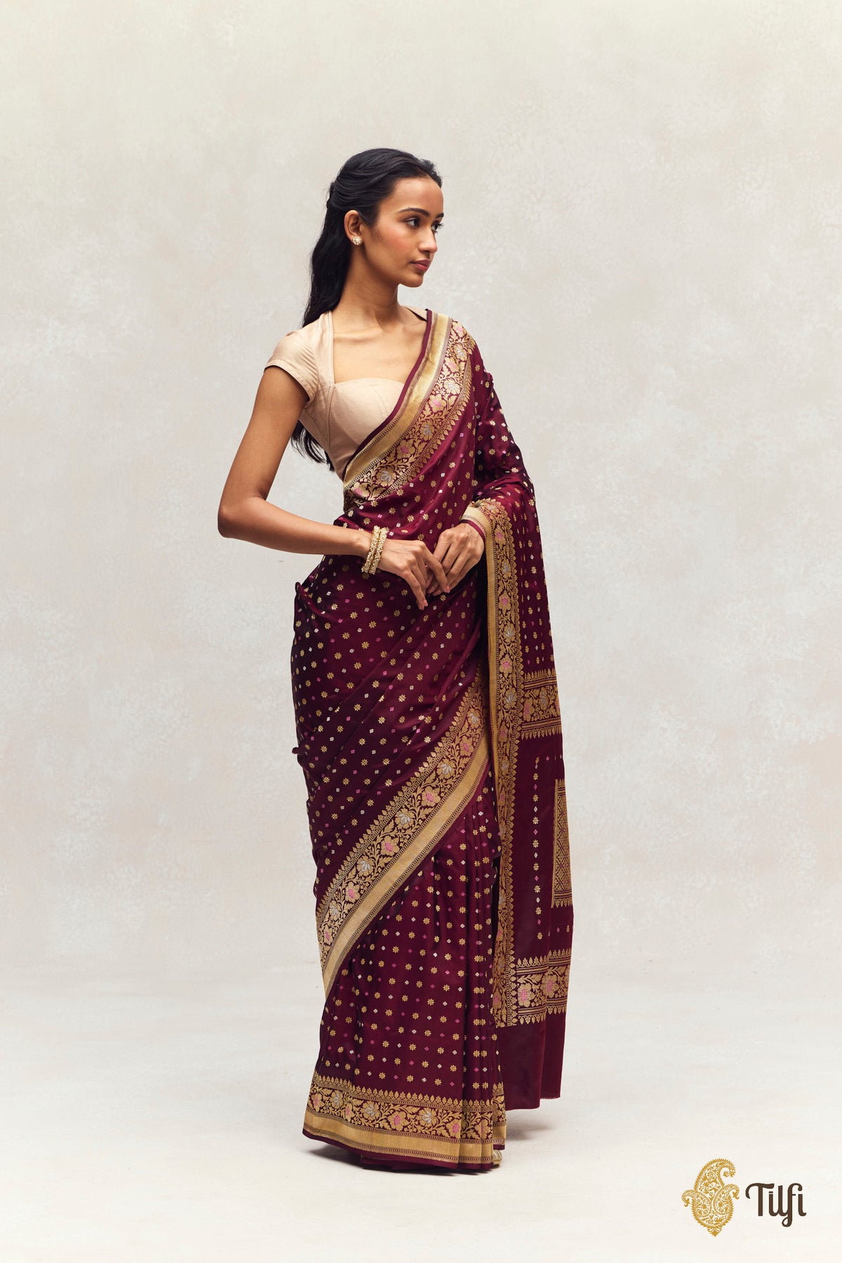 'Scattered Light' Deep Maroon Katan Silk Saree