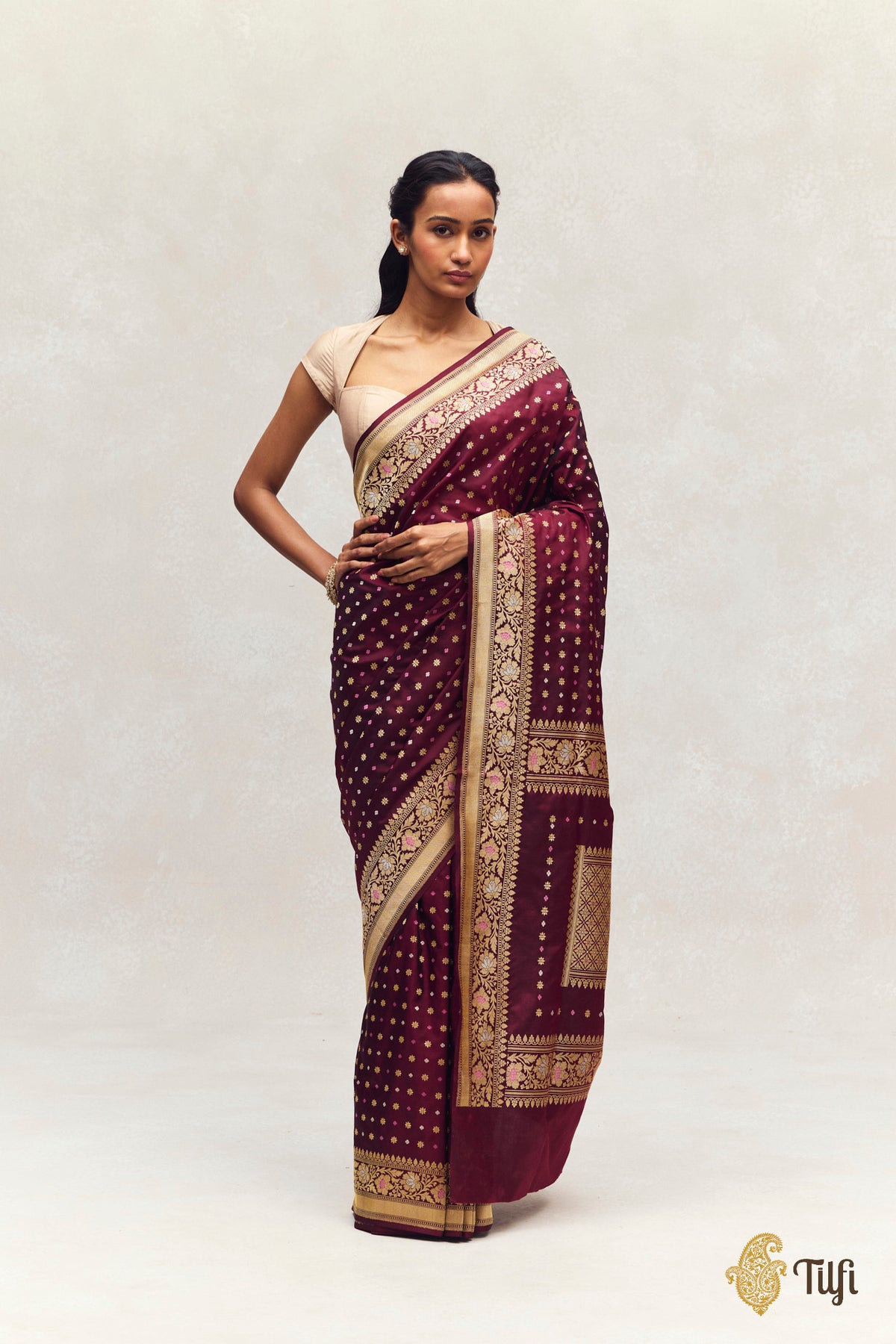 'Scattered Light' Deep Maroon Katan Silk Saree