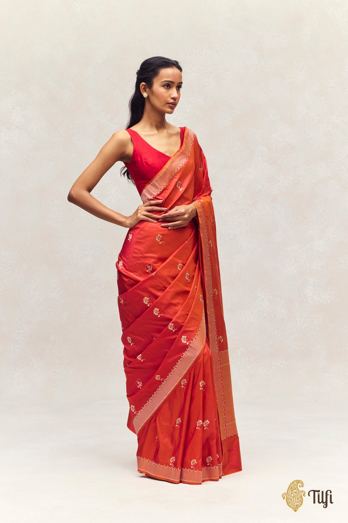 'Laelia' Rust Orange Pure Katan Silk Banarasi Handloom Saree