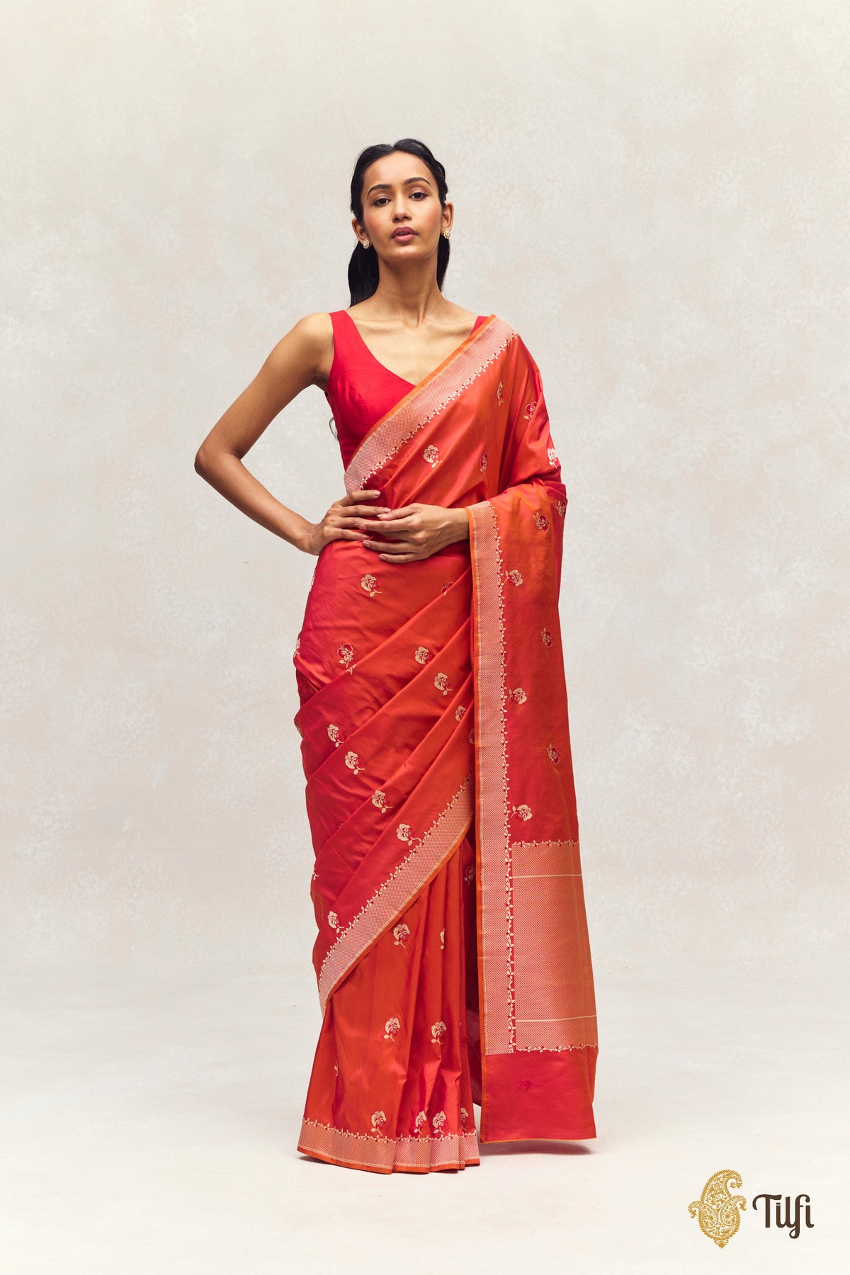 'Laelia' Rust Orange Pure Katan Silk Banarasi Handloom Saree
