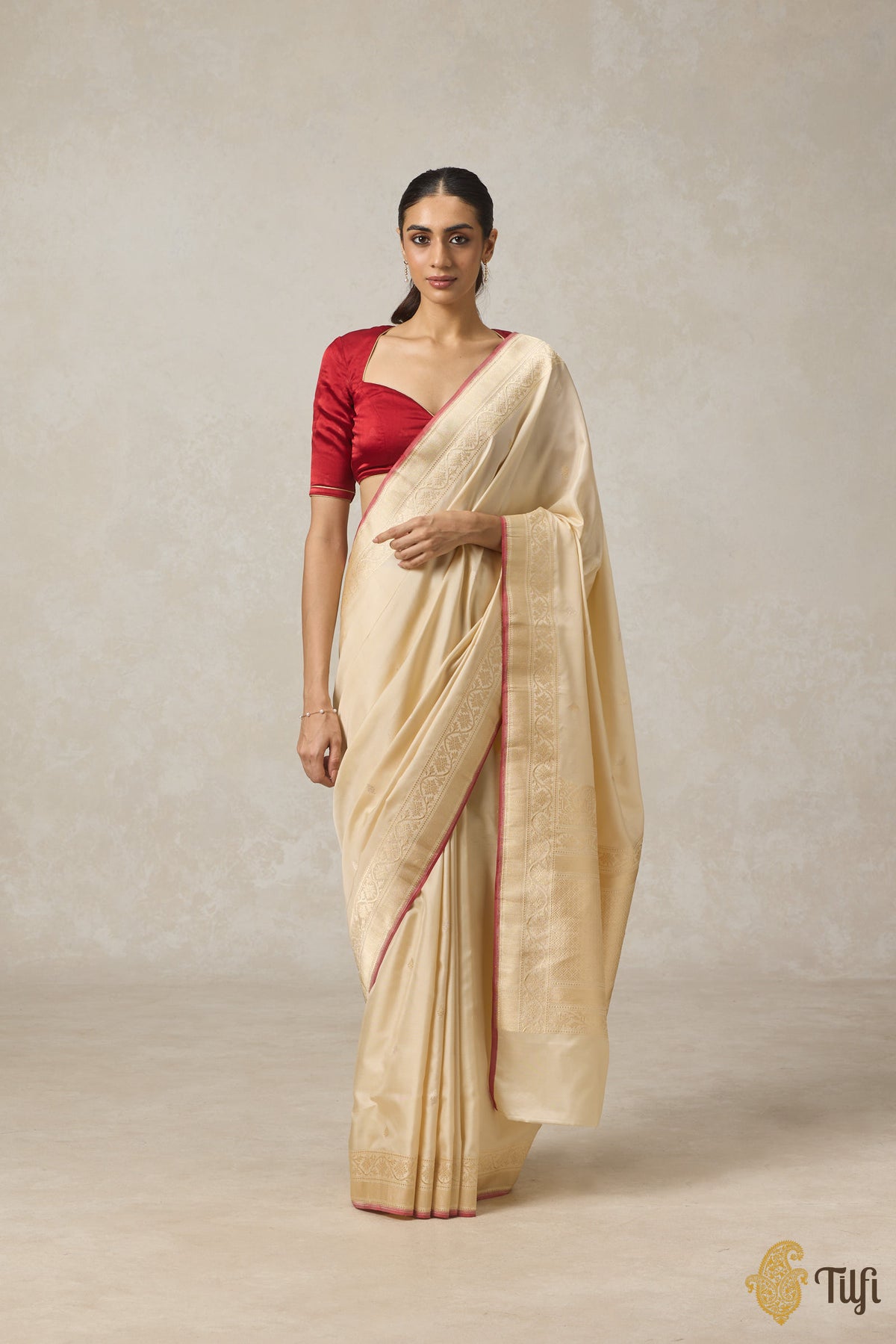 &#39;Tarini&#39; Cream Pure Katan Silk Ektara Banarasi Handloom Saree