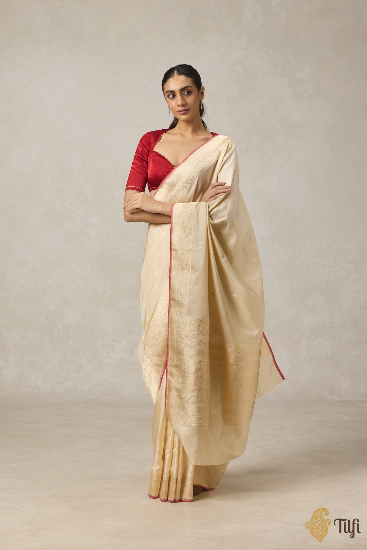 &#39;Tarini&#39; Cream Pure Katan Silk Ektara Banarasi Handloom Saree