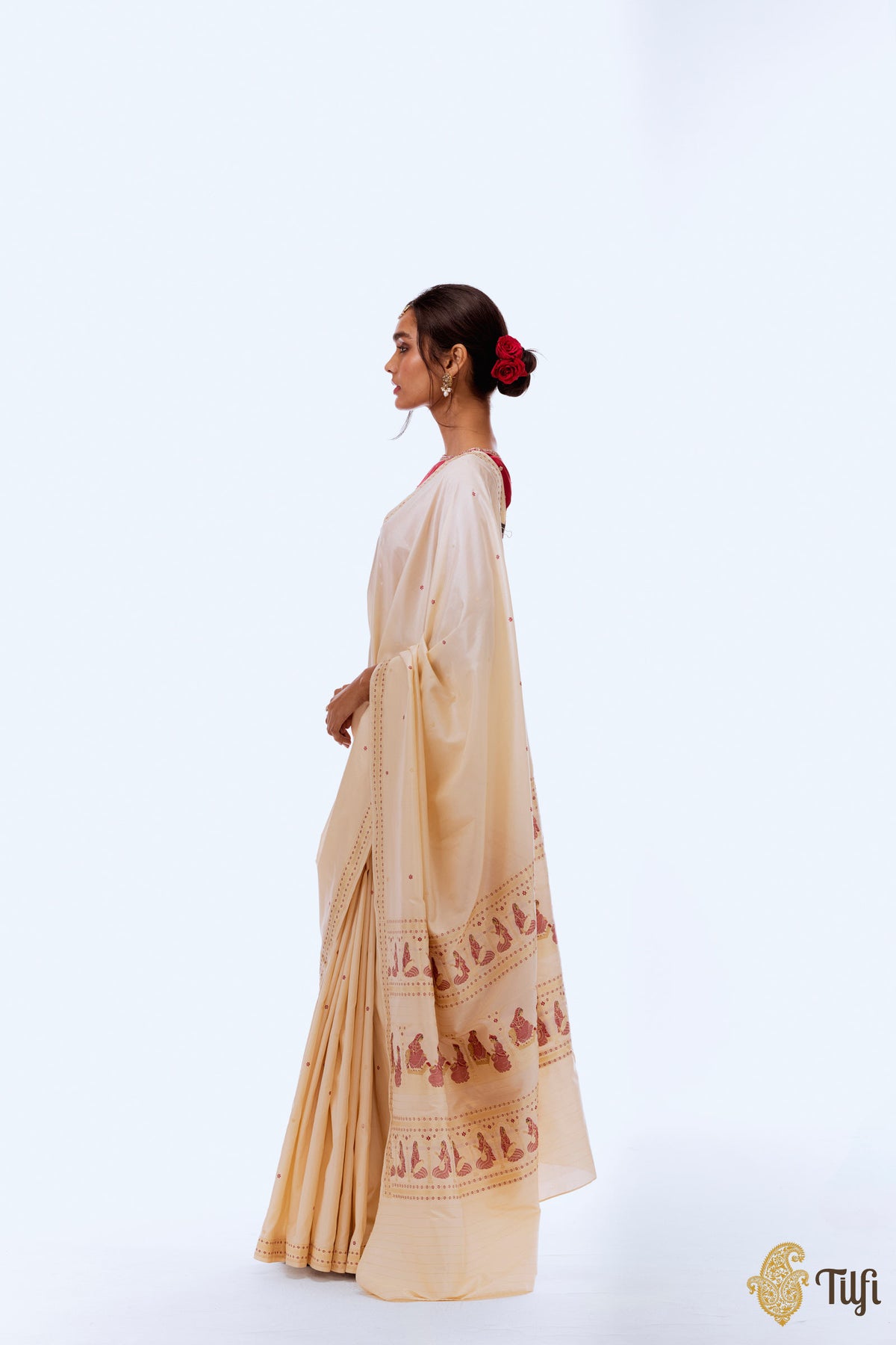 &#39;Charan Alamkara&#39; Off-White Pure Katan Silk Banarasi Handloom Saree