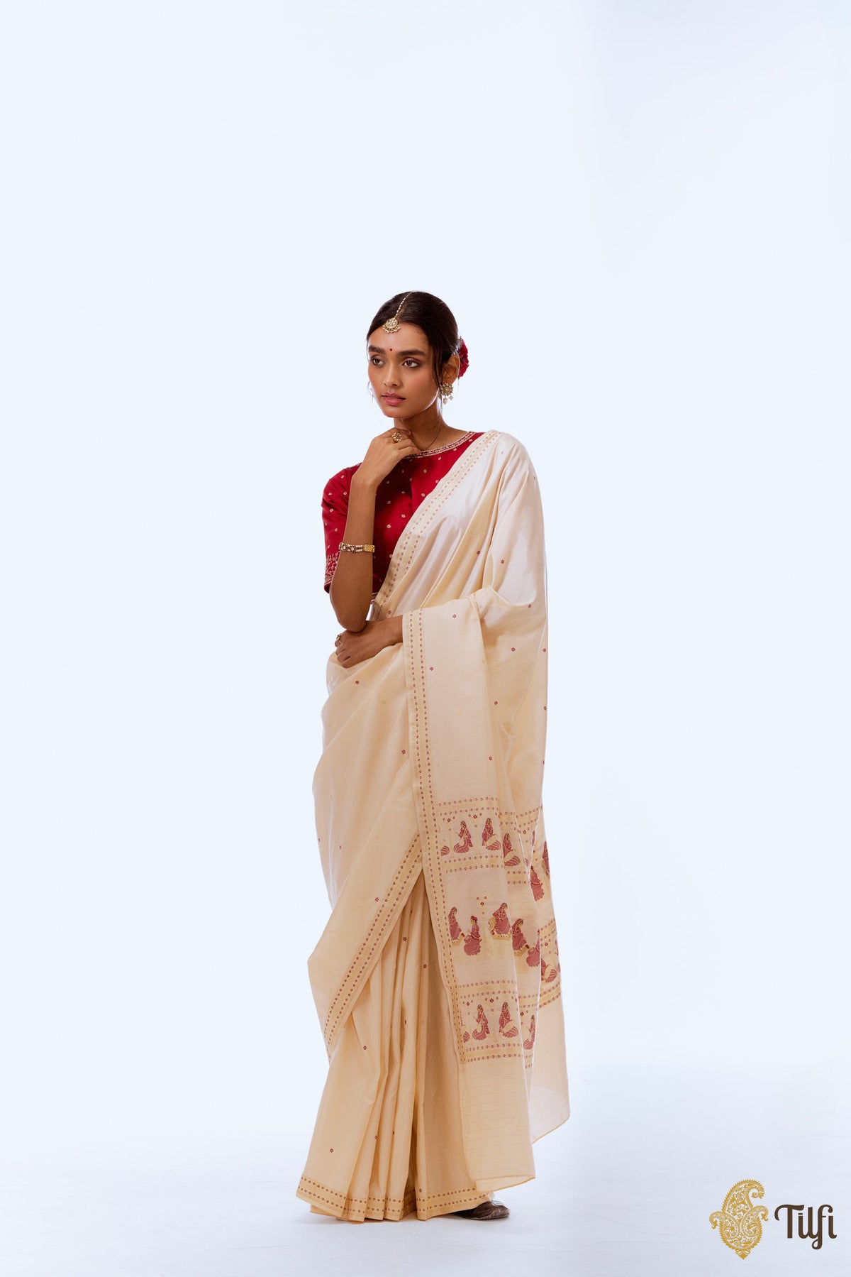 &#39;Charan Alamkara&#39; Off-White Pure Katan Silk Banarasi Handloom Saree