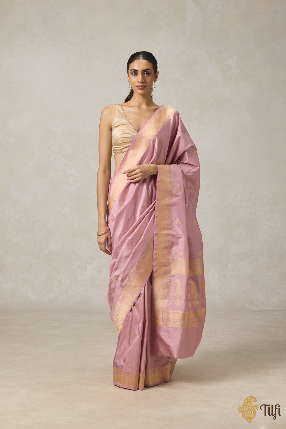 &#39;Rukmini&#39; Rose Pink Pure Katan Silk Banarasi Handloom Saree