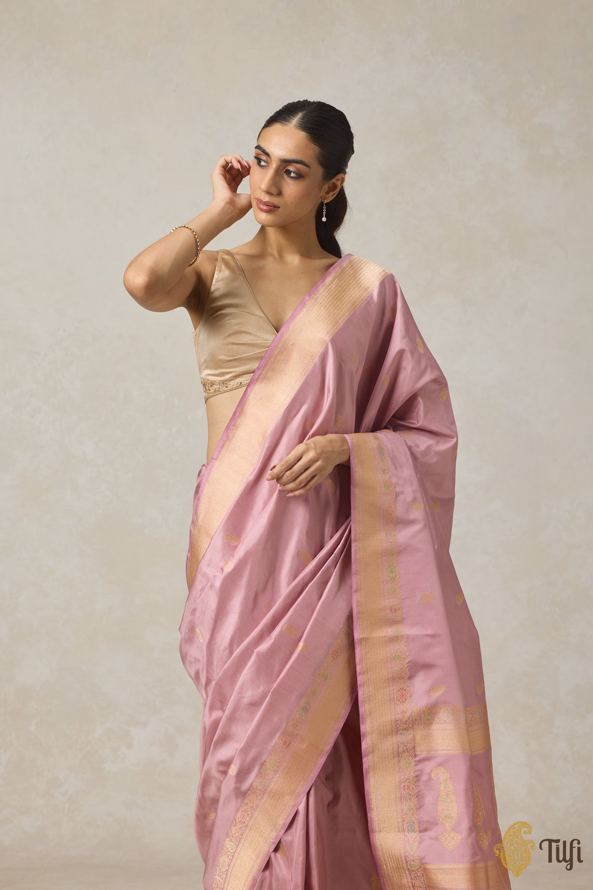 &#39;Rukmini&#39; Rose Pink Pure Katan Silk Banarasi Handloom Saree