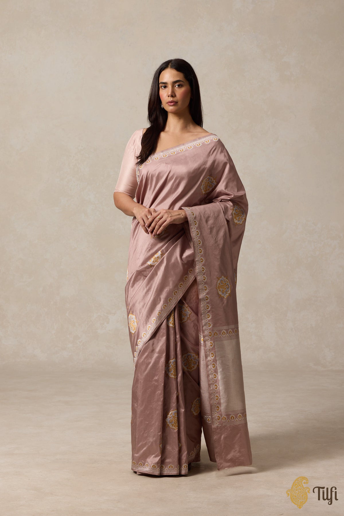 &#39;Kasturi&#39; Old Rose Pink Pure Katan Silk Banarasi Handloom Saree