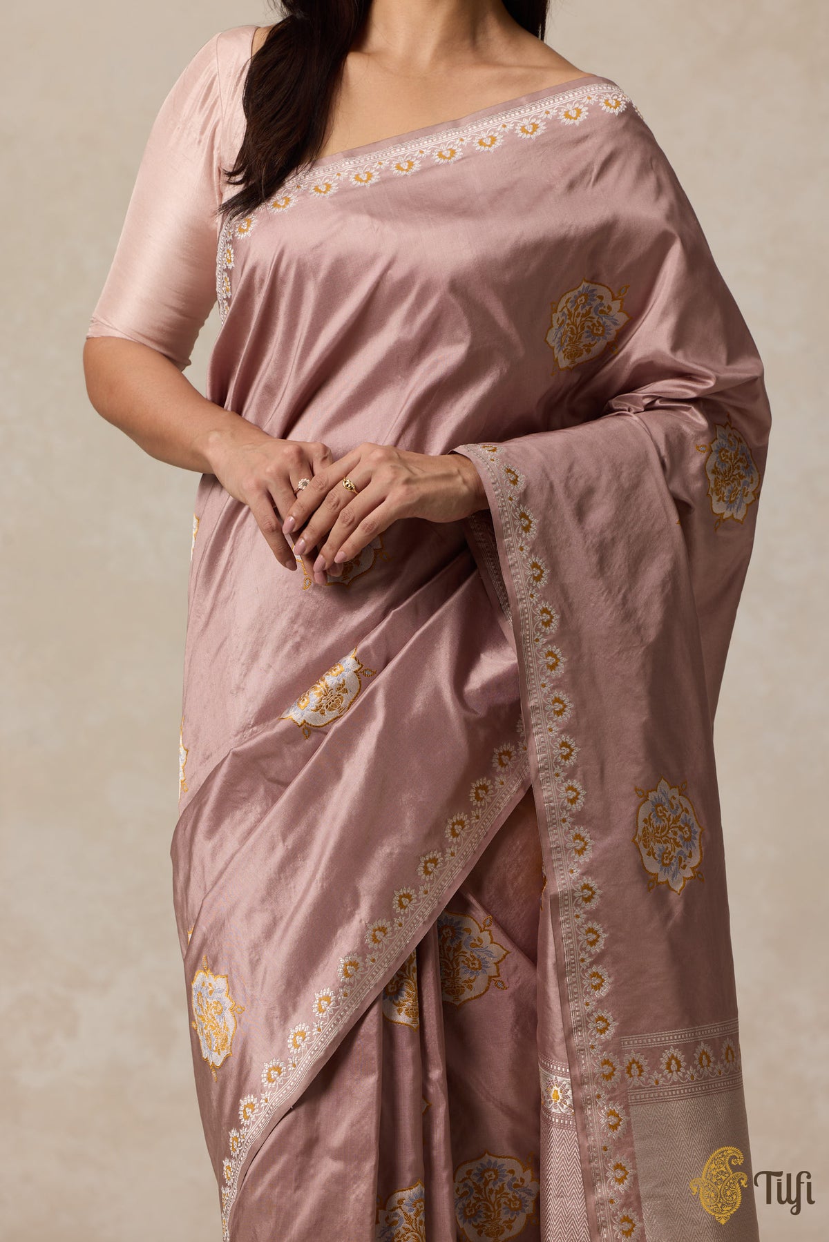 &#39;Kasturi&#39; Old Rose Pink Pure Katan Silk Banarasi Handloom Saree