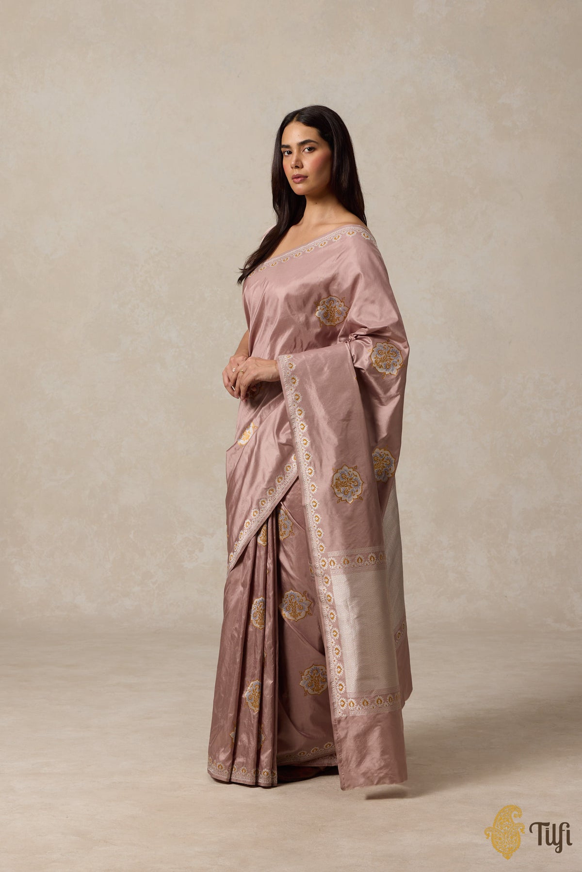 &#39;Kasturi&#39; Old Rose Pink Pure Katan Silk Banarasi Handloom Saree