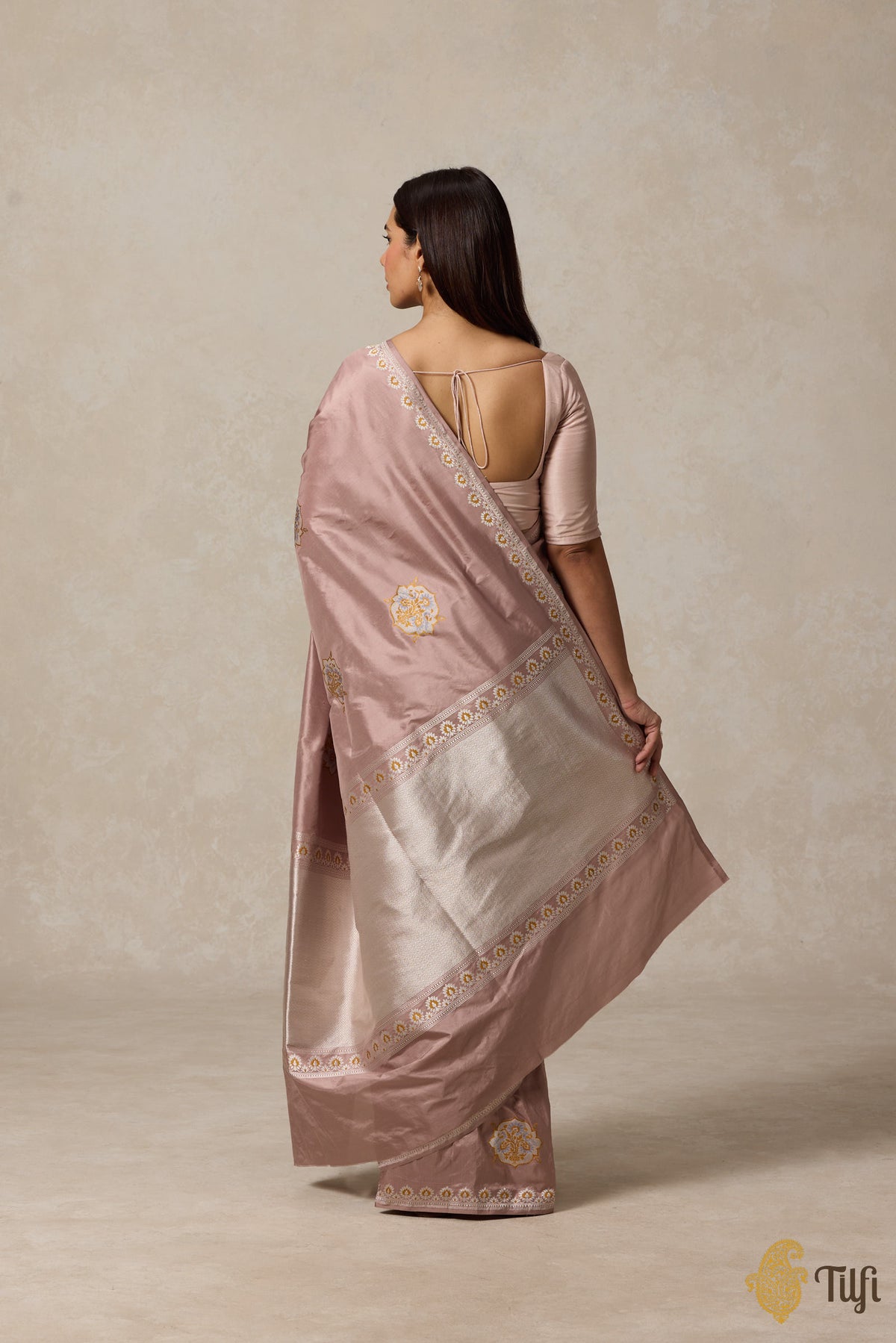 &#39;Kasturi&#39; Old Rose Pink Pure Katan Silk Banarasi Handloom Saree