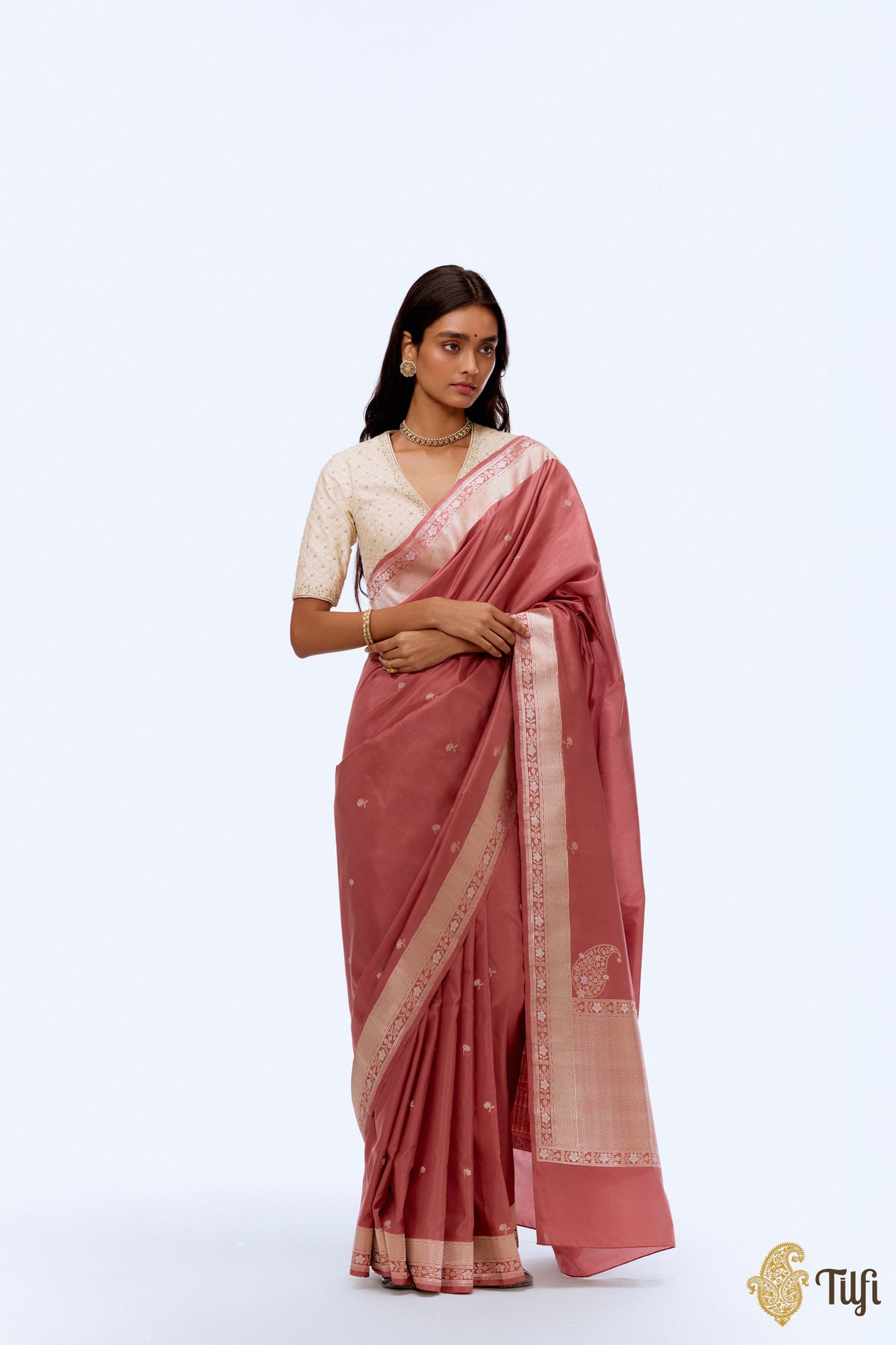 &#39;Komal Abhisar&#39; Old Rose Pink Pure Katan Silk Banarasi Handloom Saree