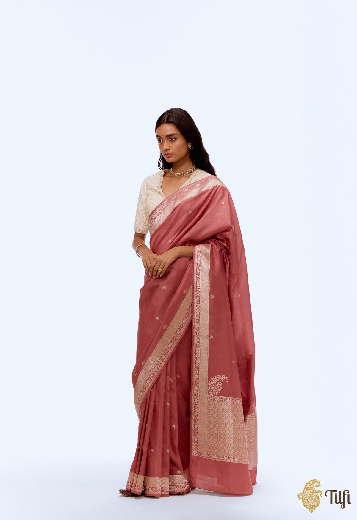 &#39;Komal Abhisar&#39; Old Rose Pink Pure Katan Silk Banarasi Handloom Saree