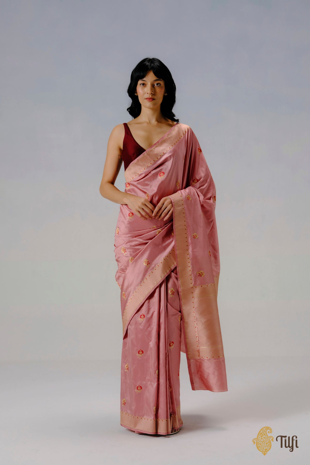 'Laelia' Old Rose Pink Pure Katan Silk Banarasi Handloom Saree