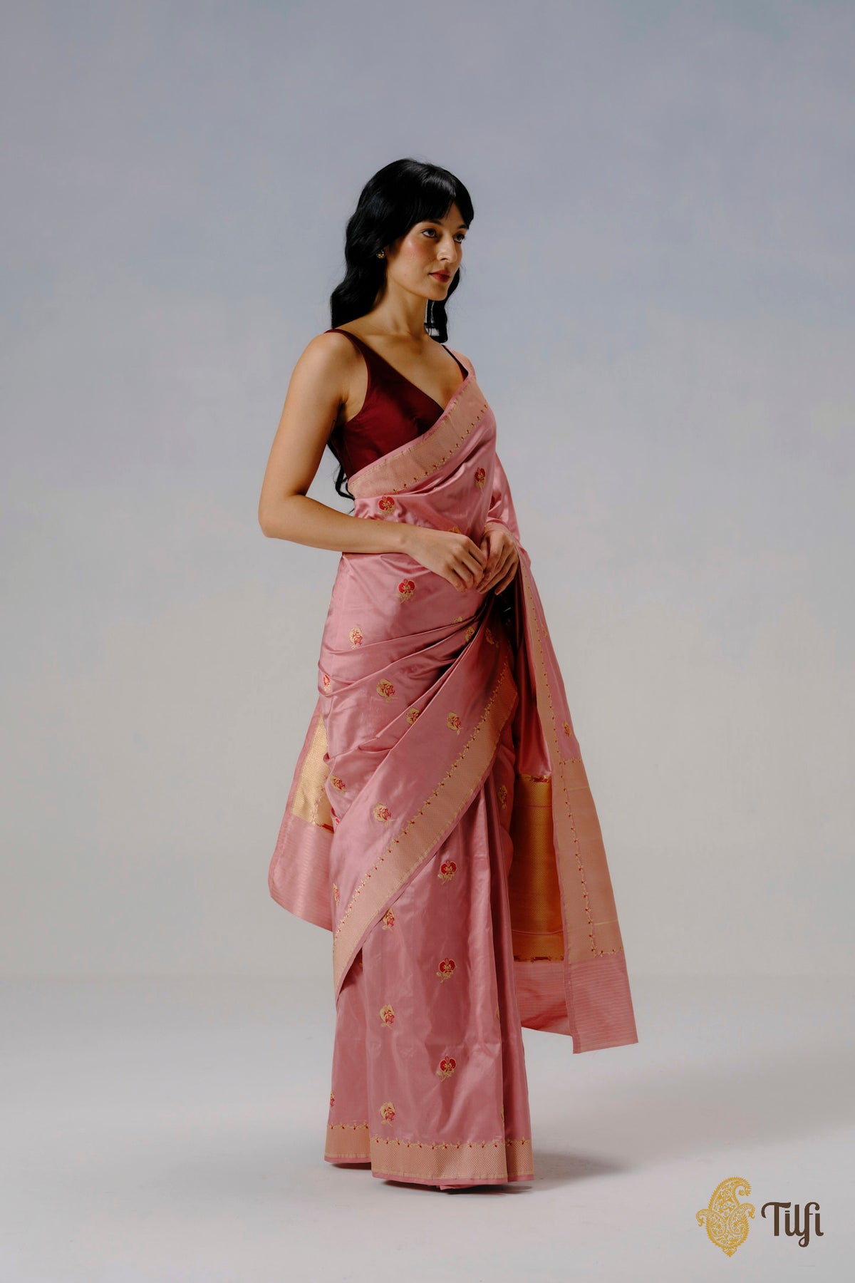 'Laelia' Old Rose Pink Pure Katan Silk Banarasi Handloom Saree