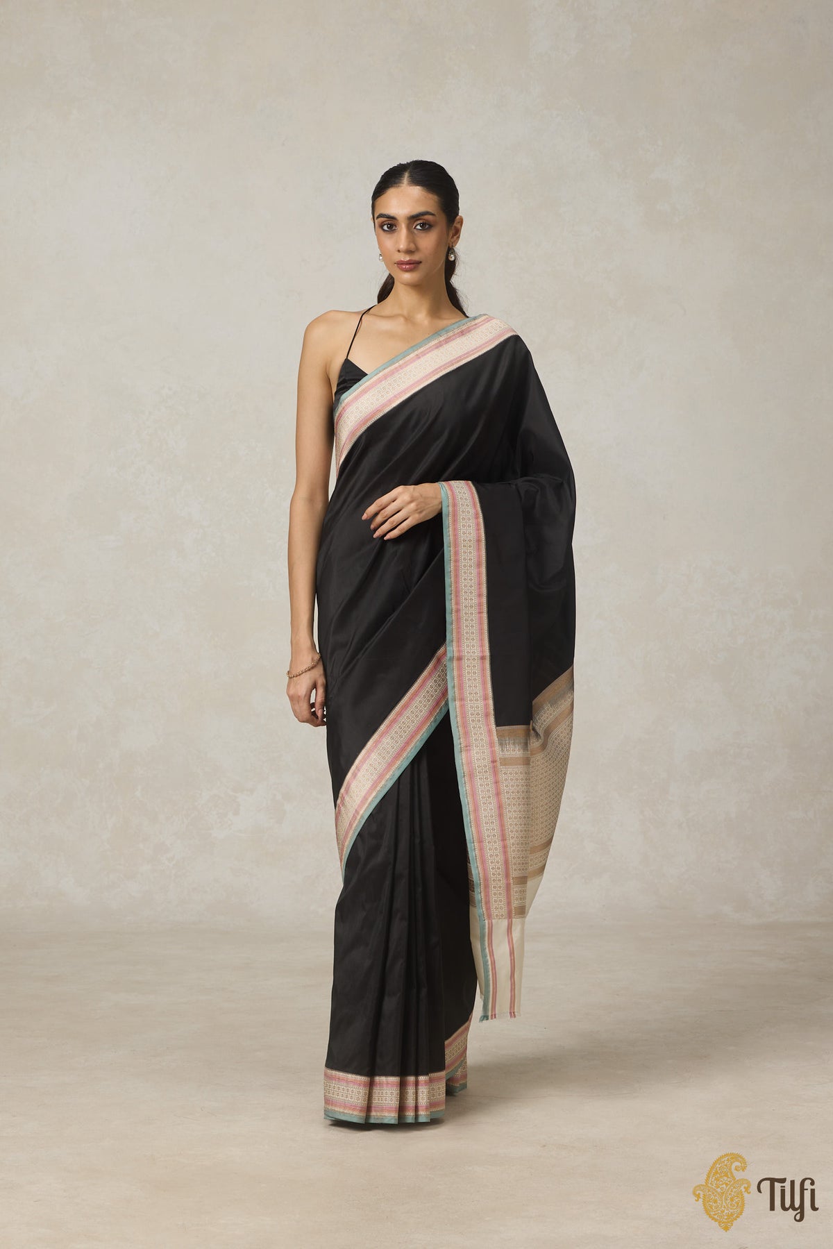 Black-Cream Pure Katan Silk Banarasi Kadiyal Handloom Saree