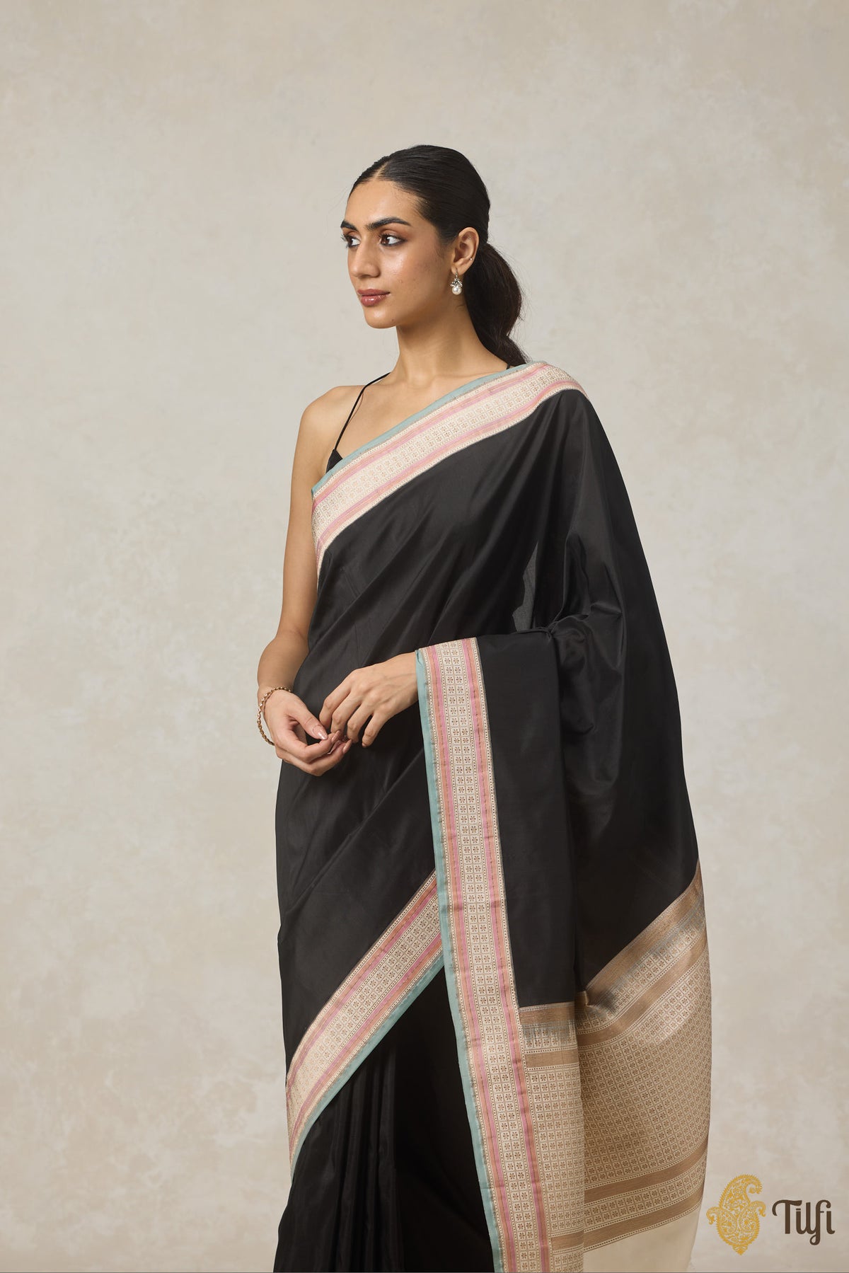 Black-Cream Pure Katan Silk Banarasi Kadiyal Handloom Saree