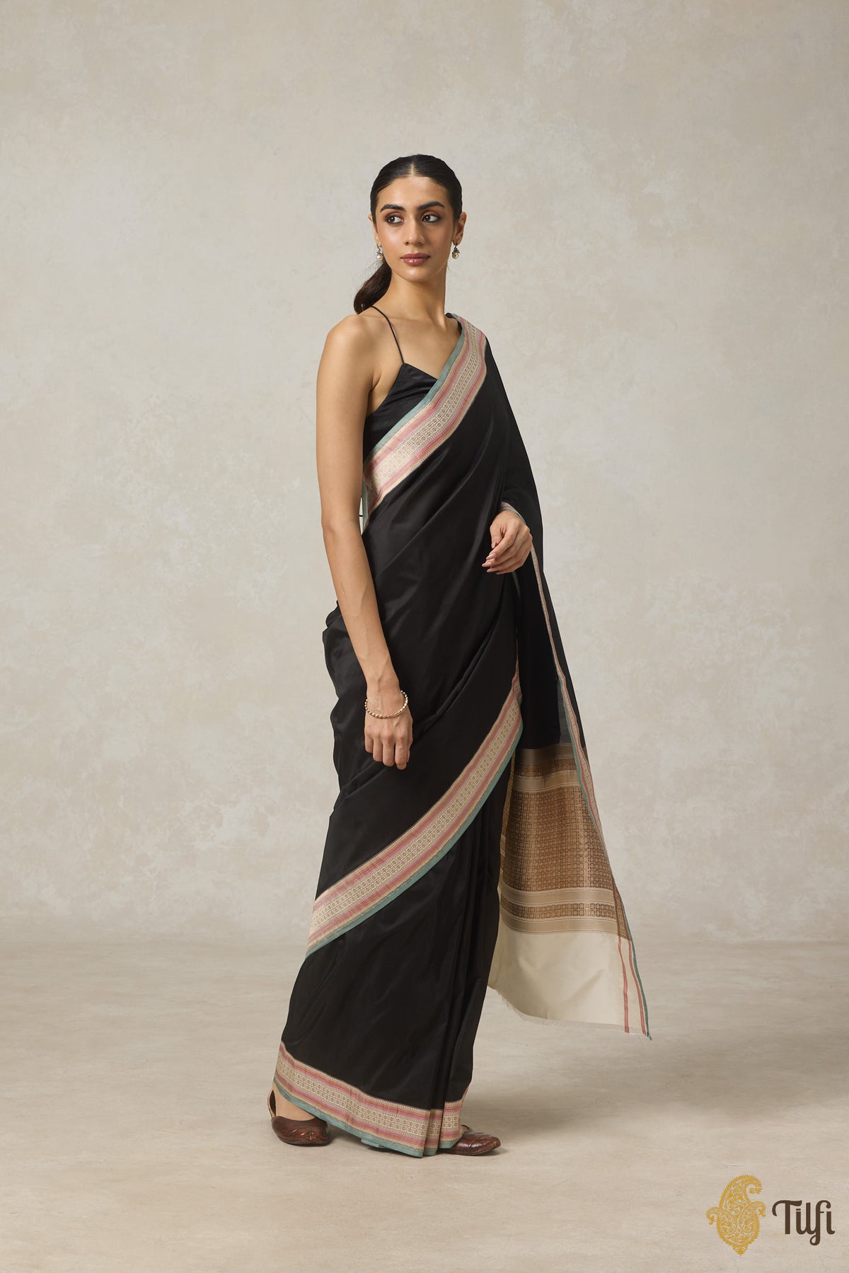 Black-Cream Pure Katan Silk Banarasi Kadiyal Handloom Saree