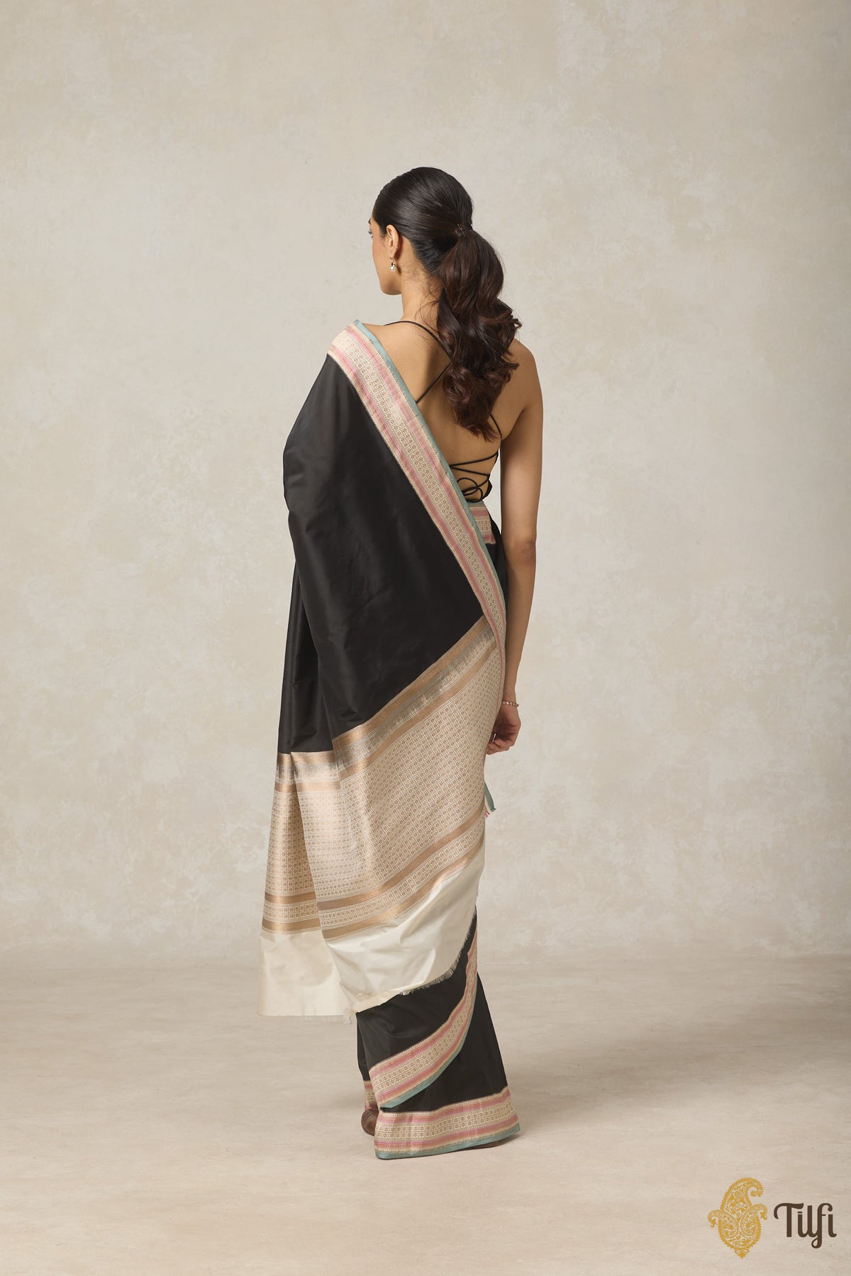 Black-Cream Pure Katan Silk Banarasi Kadiyal Handloom Saree