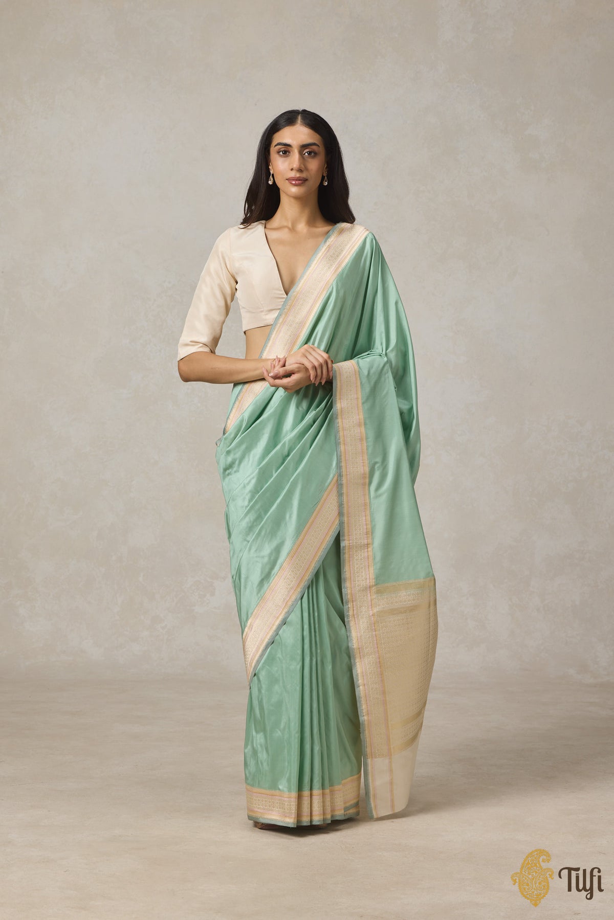 Pastel Mint Pure Katan Silk Banarasi Kadiyal Handloom Saree