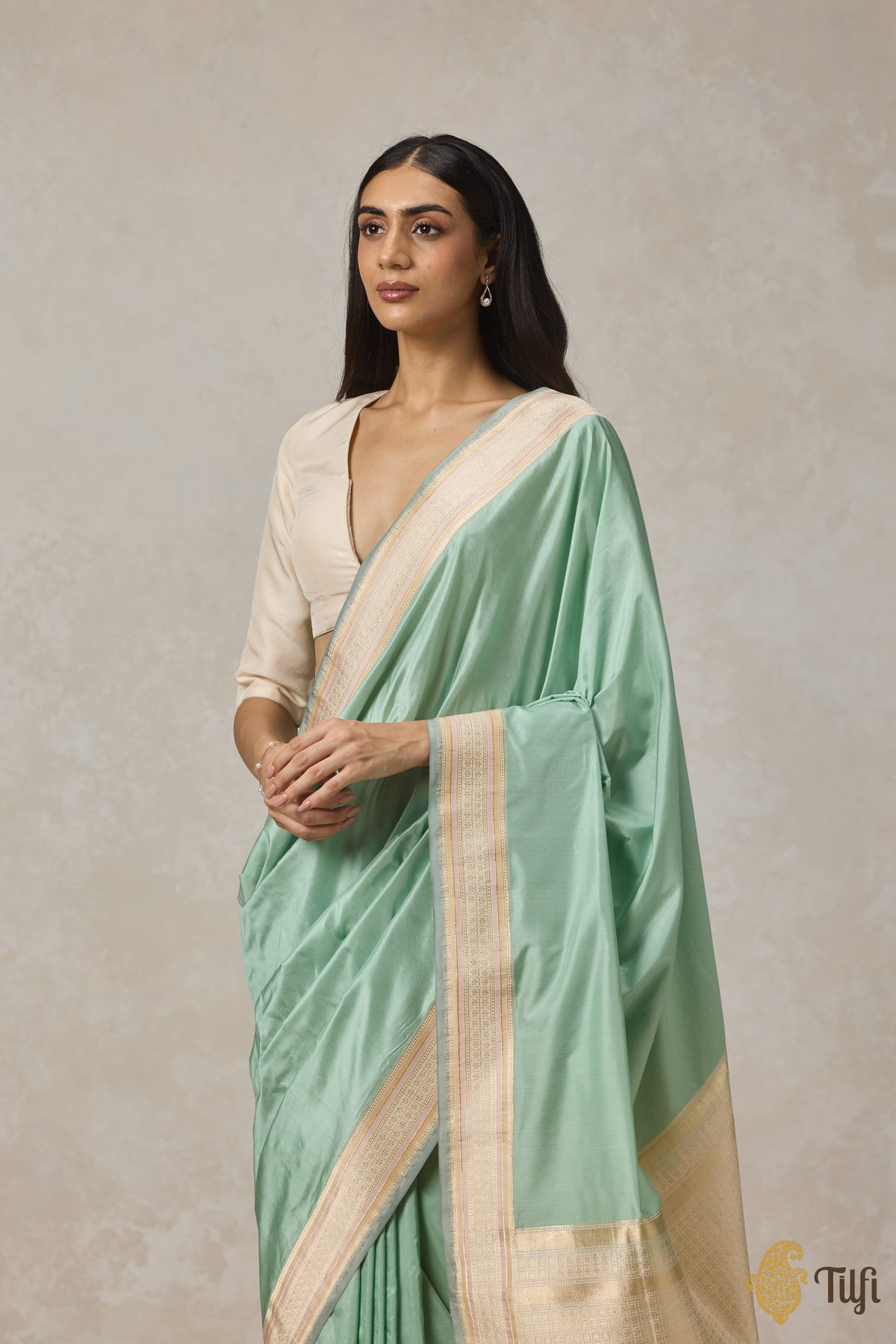 Pastel Mint Pure Katan Silk Banarasi Kadiyal Handloom Saree