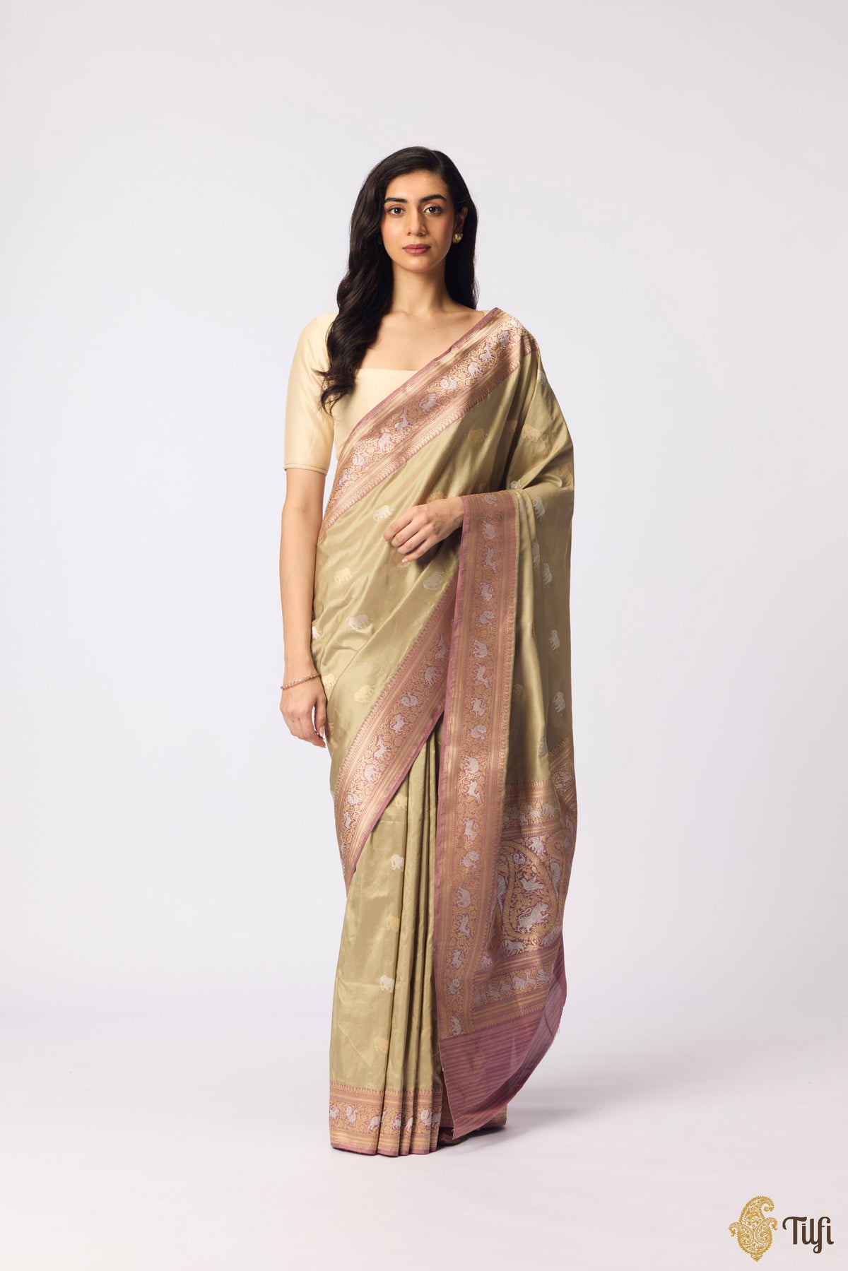 Pre-Order: Sage-Old Rose Pure Katan Silk Banarasi Kadiyal Handloom Saree