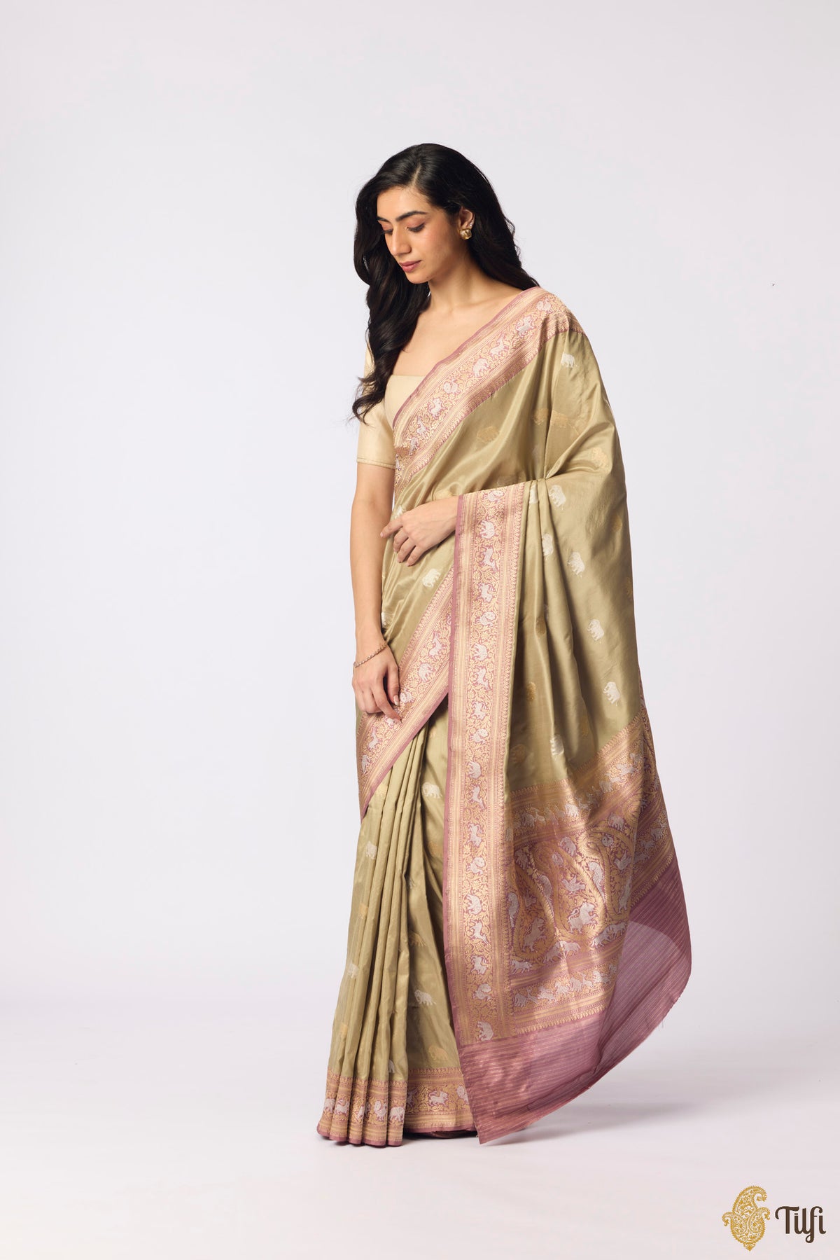 Pre-Order: Sage-Old Rose Pure Katan Silk Banarasi Kadiyal Handloom Saree