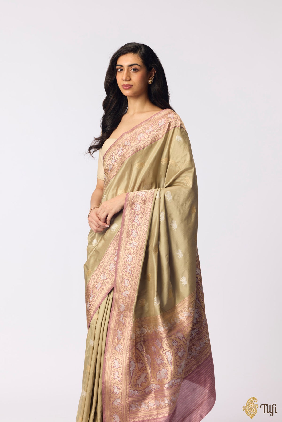 Pre-Order: Sage-Old Rose Pure Katan Silk Banarasi Kadiyal Handloom Saree