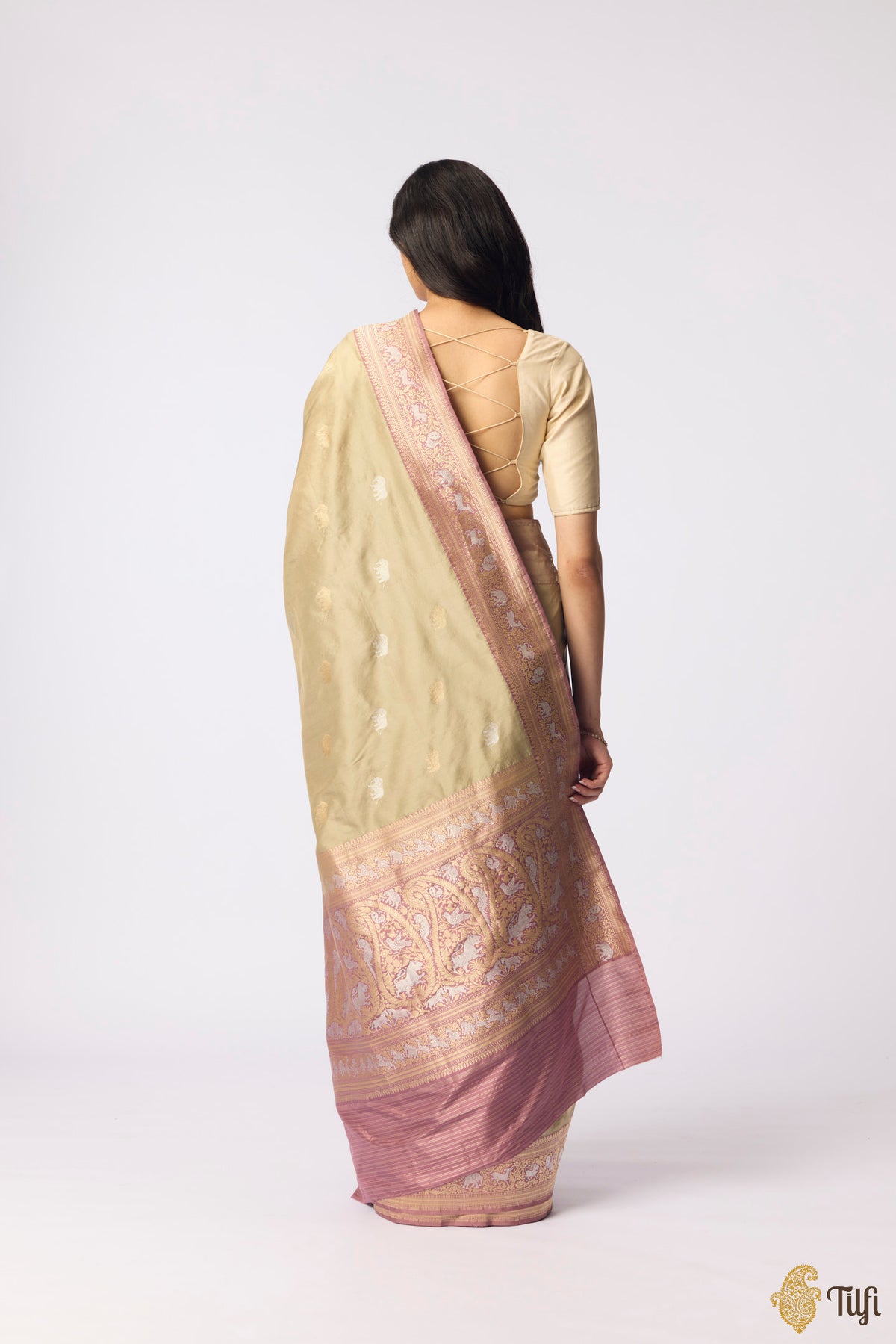Pre-Order: Sage-Old Rose Pure Katan Silk Banarasi Kadiyal Handloom Saree