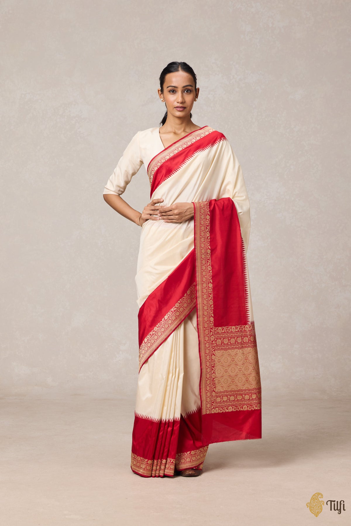 Off-White-Red Pure Katan Silk Banarasi Handloom Saree