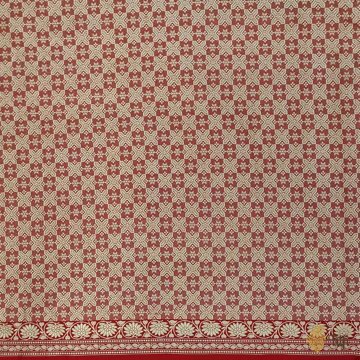Off-White-Red Pure Katan Silk Banarasi Handloom Saree