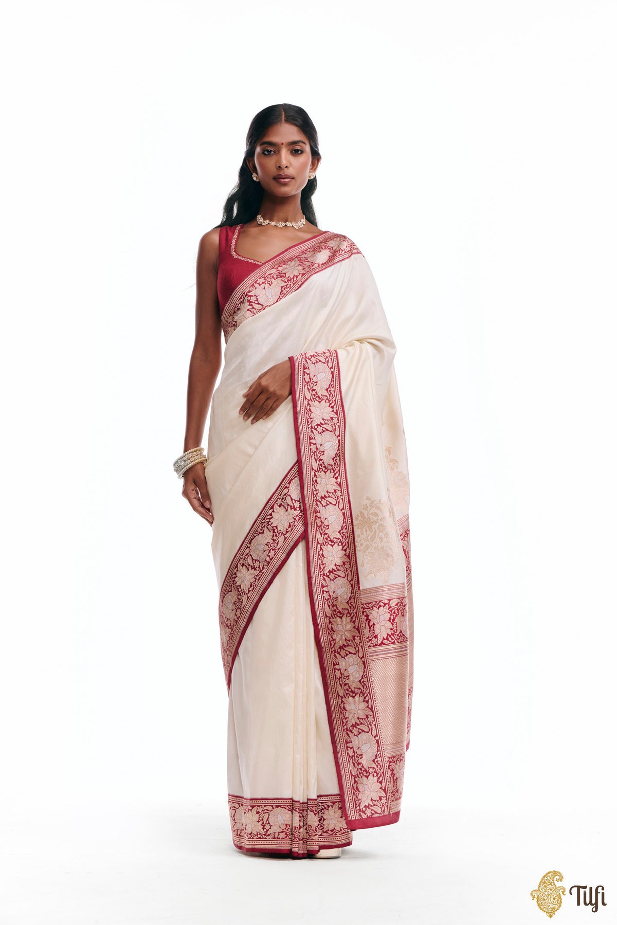 'Indu' Off White-Maroon Pure Katan Silk Banarasi Kadiyal Handloom Saree