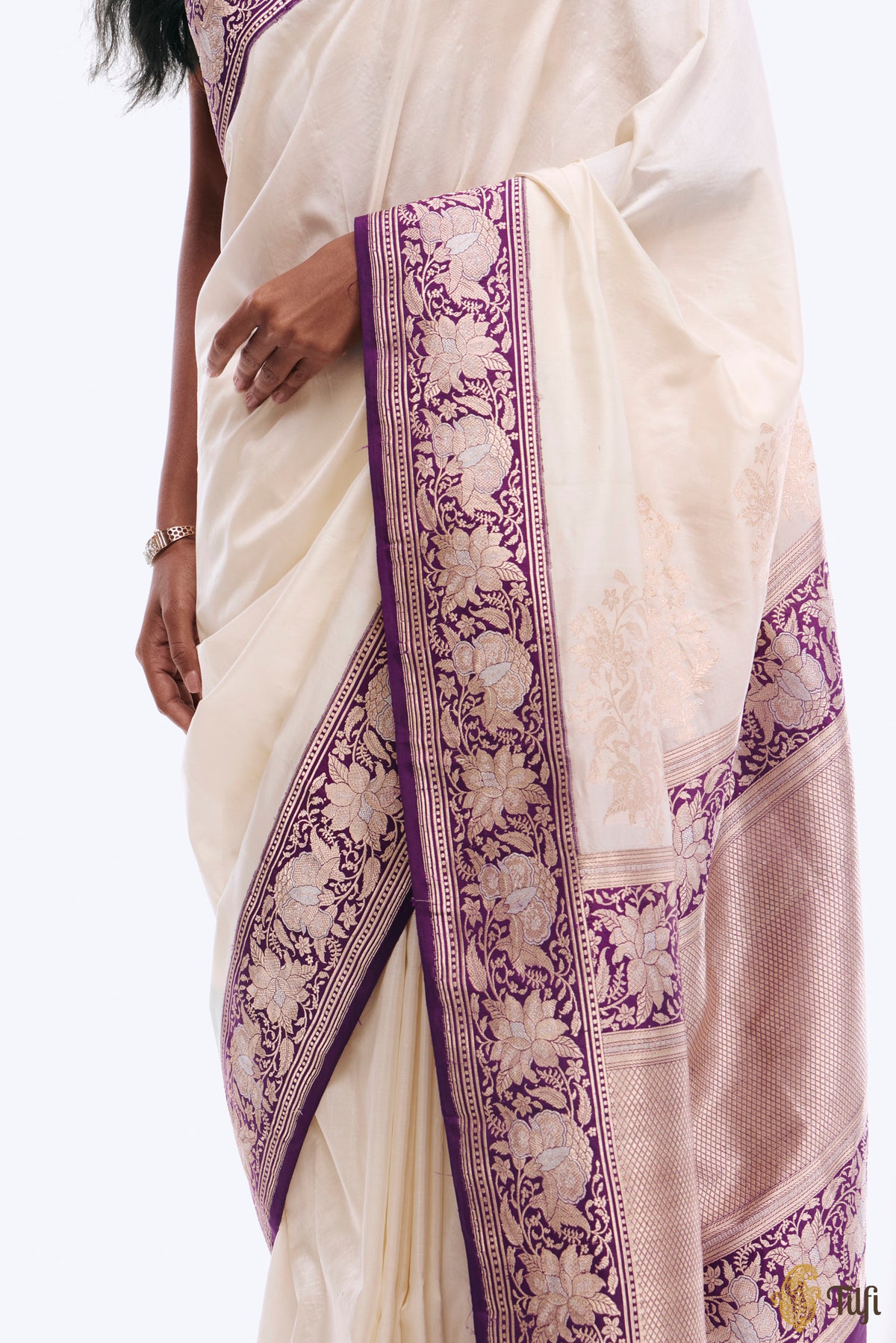 'Indu' Off White-Purple Pure Katan Silk Banarasi Kadiyal Handloom Saree