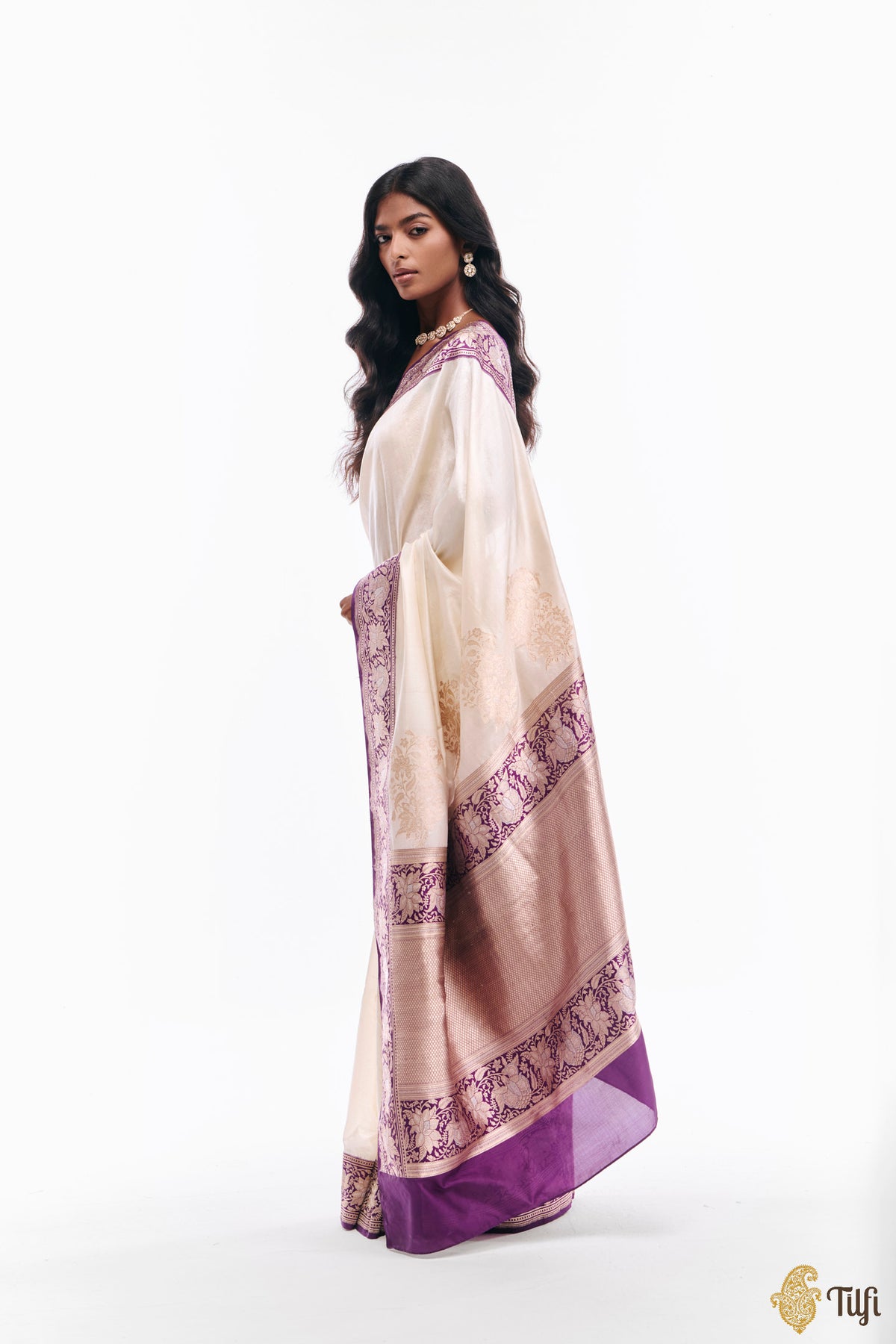 'Indu' Off White-Purple Pure Katan Silk Banarasi Kadiyal Handloom Saree