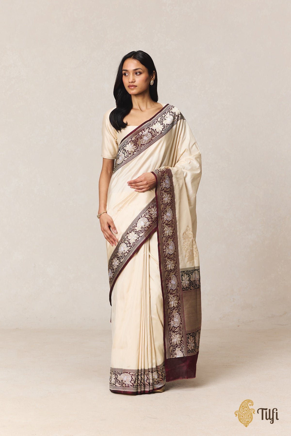 'Indu' Off White-Deep Maroon Pure Katan Silk Banarasi Kadiyal Handloom Saree