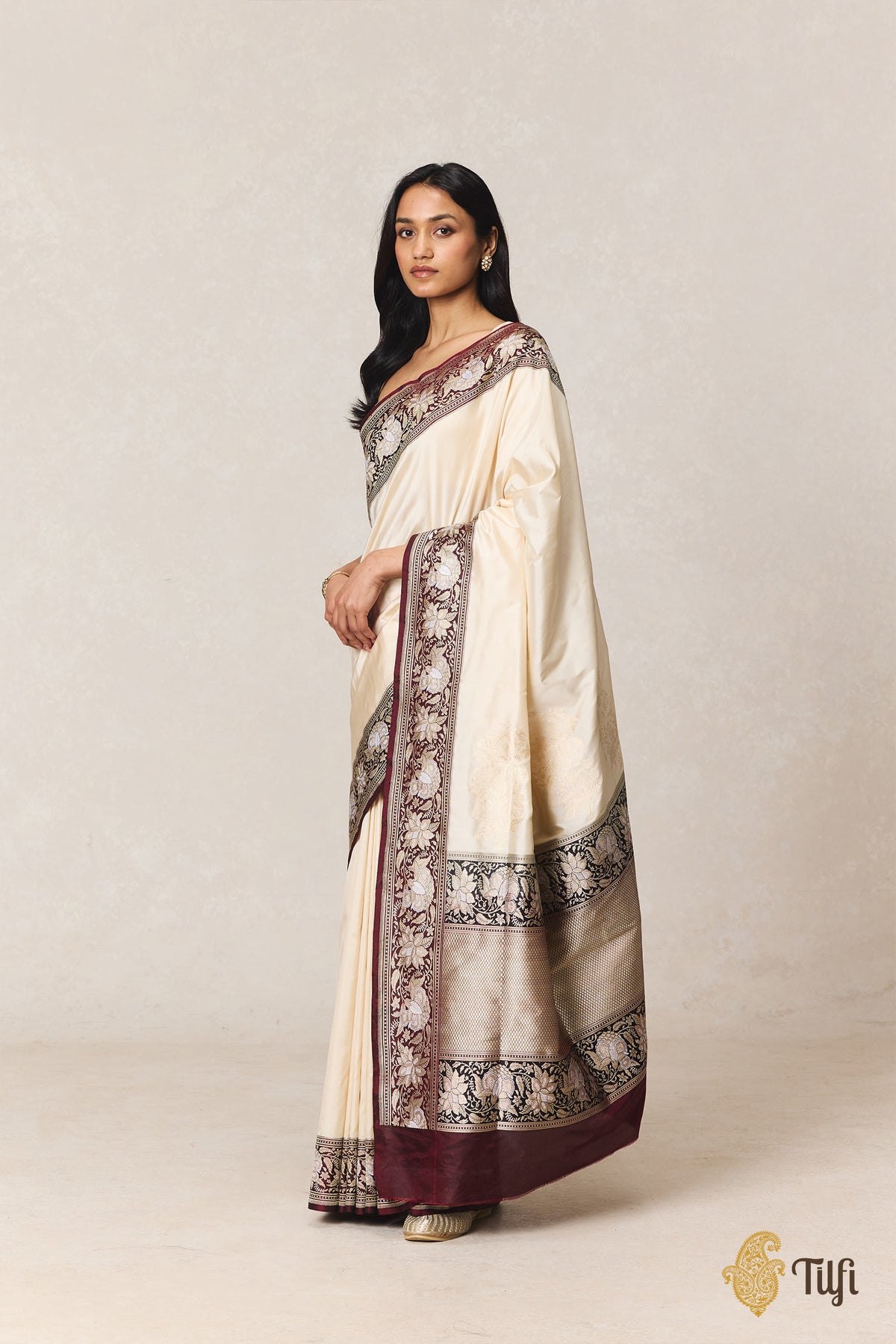 'Indu' Off White-Deep Maroon Pure Katan Silk Banarasi Kadiyal Handloom Saree