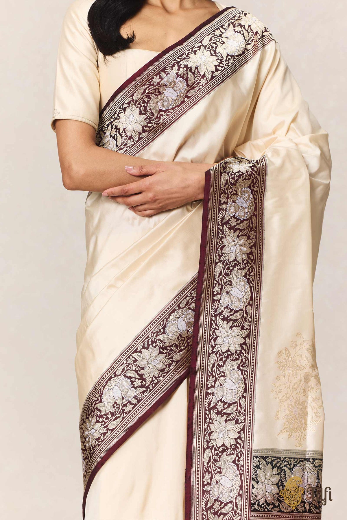 'Indu' Off White-Deep Maroon Pure Katan Silk Banarasi Kadiyal Handloom Saree