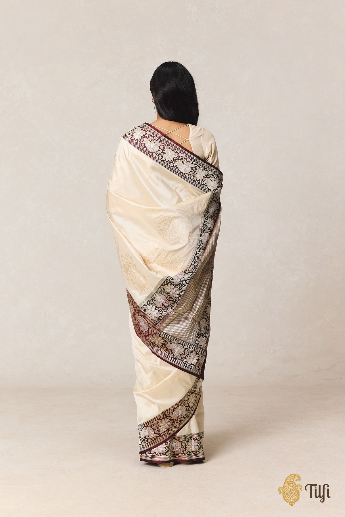 'Indu' Off White-Deep Maroon Pure Katan Silk Banarasi Kadiyal Handloom Saree